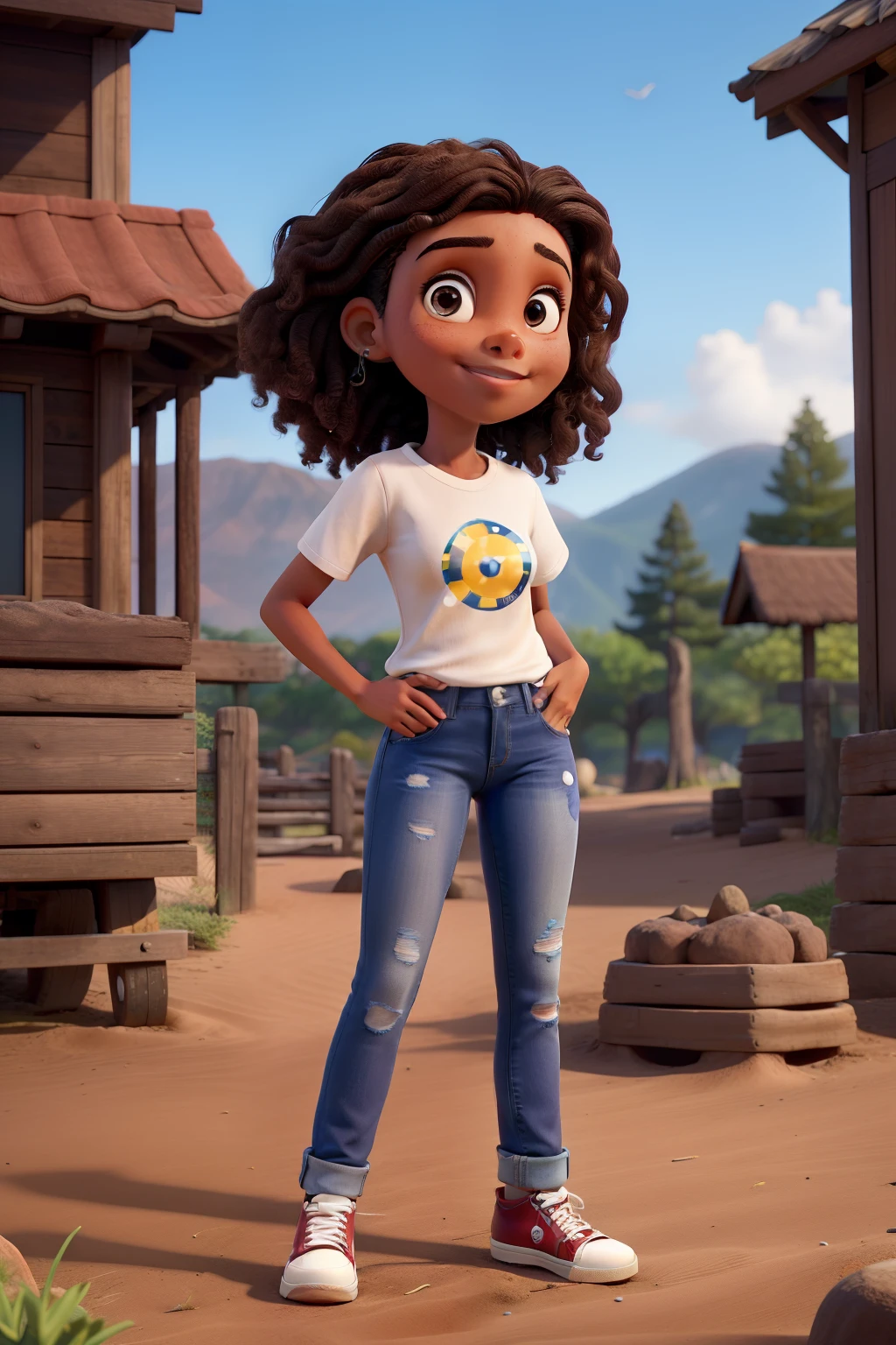 Obra-prima, de melhor qualidade, a young woman with medium wavy dark brown hair, pele bege, olhos grandes castanho escuros, camisa preta com estampa da logo do playatation, Denim Jeans Pants, All Star high-top sneakers, Making the 3 symbol with your hand. The scenery is a landscape with sakura trees