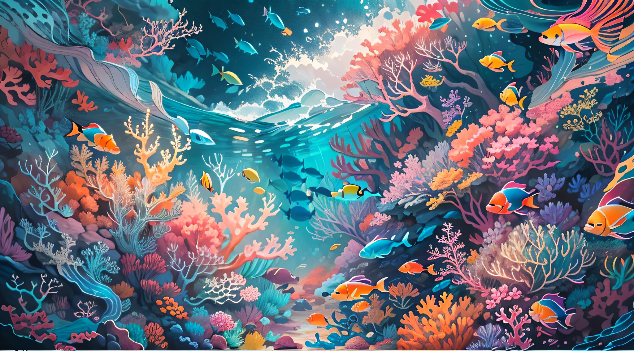 Conceptual art of marine life, Undersea landscape, Marine life，Beautiful coral reefs come in different shapes, 。.。.。.3D，, Fish, Female animated fantasy illustration. Long white hair scattered in the sea, Drift, Very harmonious. The whole painting adopts a messy and imaginative painting style. The colors are bright and saturated, line sleek. The mystery and beauty of the ocean, The painting depicts an underwater world full of life and vitality, Animated art wallpaper 8 K