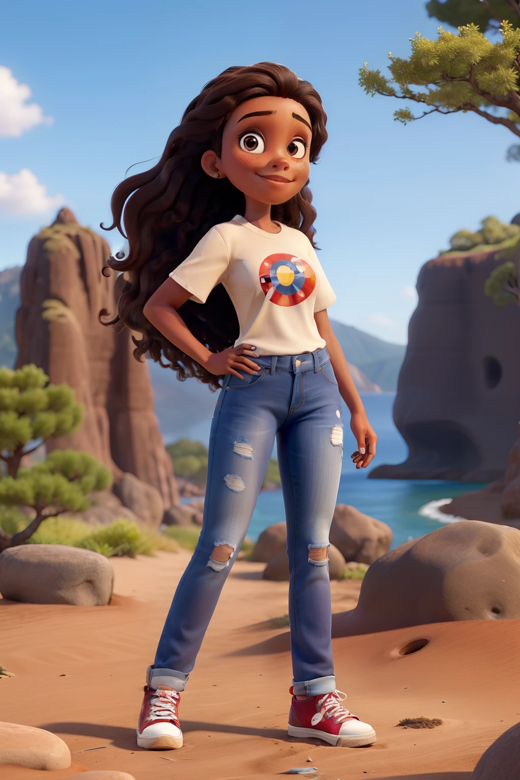 Obra-prima, de melhor qualidade, a young woman with medium wavy dark brown hair, pele bege, olhos grandes castanho escuros, camisa preta com estampa da logo do playatation, Denim Jeans Pants, All Star high-top sneakers, Making the 3 symbol with your hand. The scenery is a landscape with sakura trees