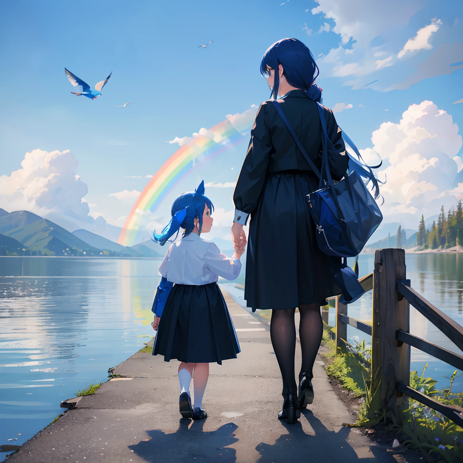 Kindergartner girl and her mom in formal clothes, Causeway, A small blue bird flew in , Parent and child looking up at the blue bird , I see a rainbow behind me