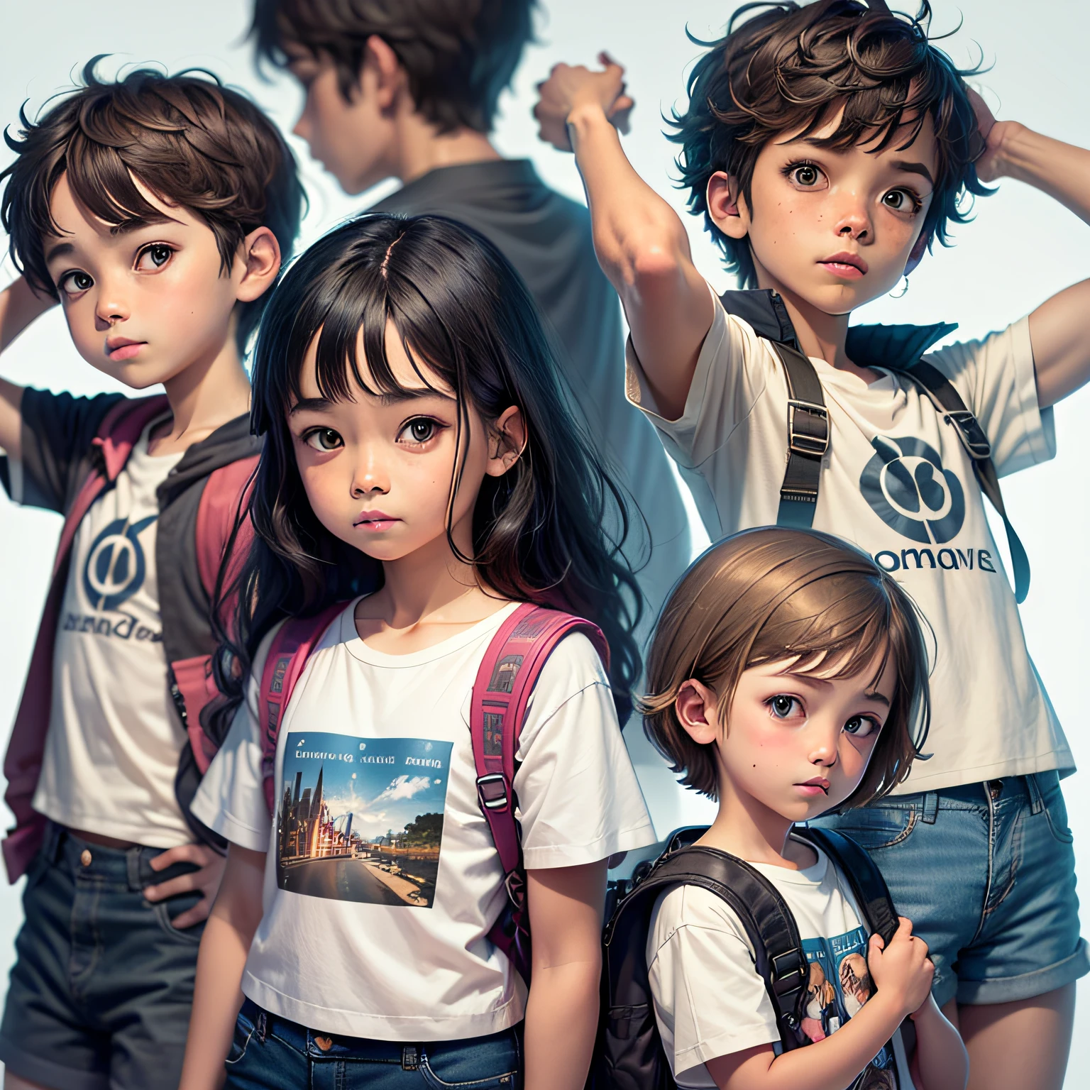 three SEPARATE images, different expressions and poses of just a six-year-old boys and girls with a magic blanket, white blue background, children's book illustration style, simple, colorful, short dark brown hair, plain color, white short-sleeved shirt, jean shorts with side pocket, no cape, no hat, no book, no glasses, no backpack, with a blanket.