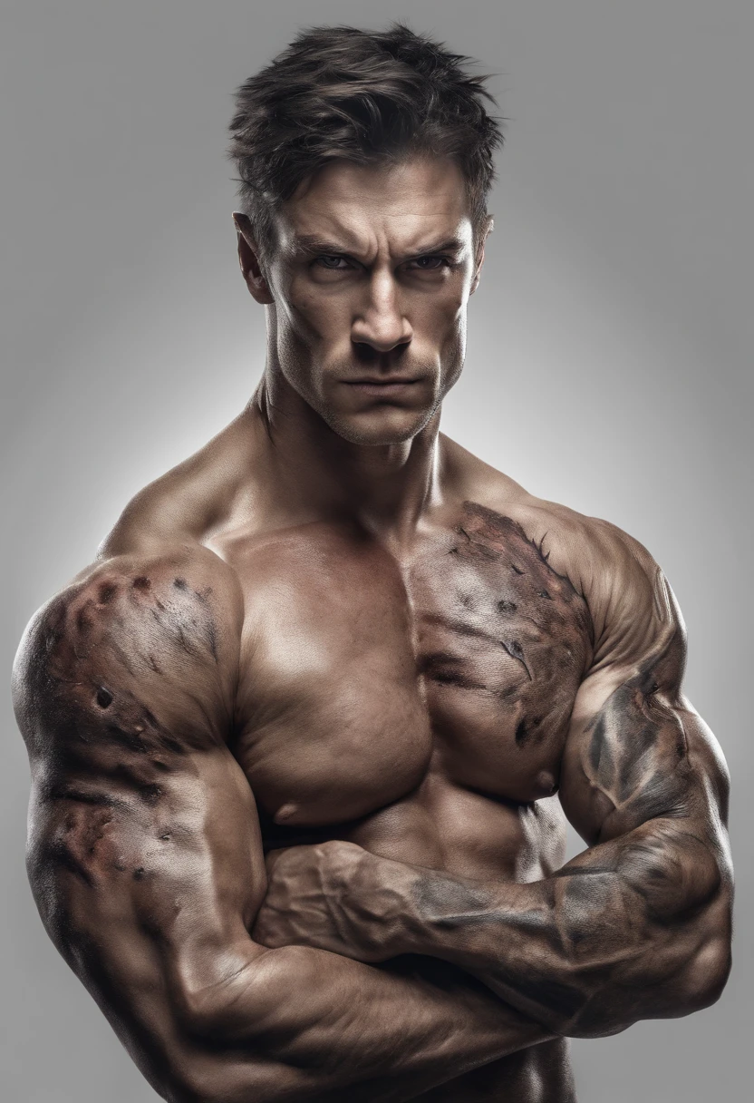 Muscular man with scars and burning arms