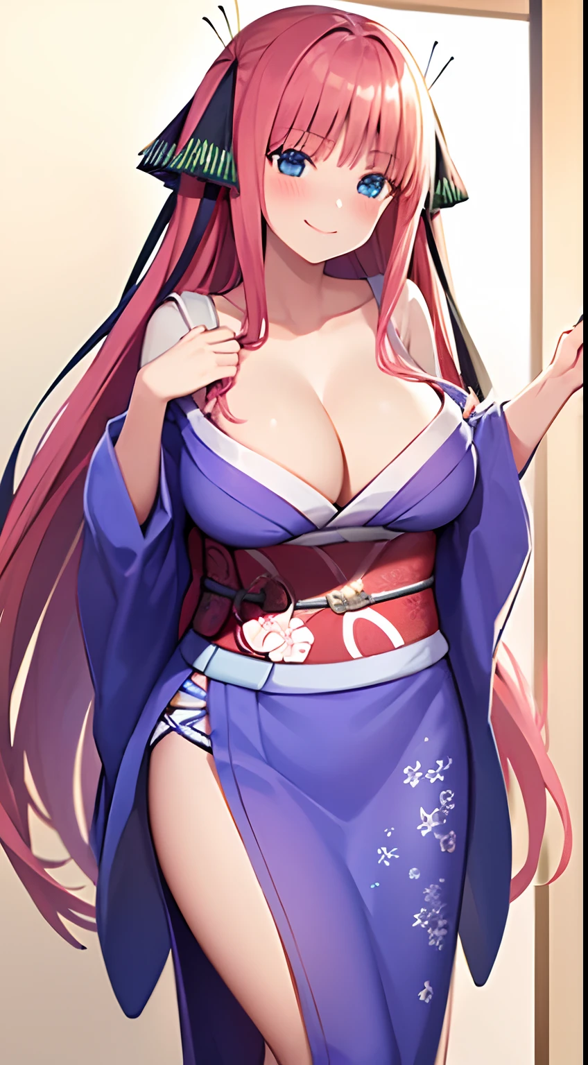 1 girl, long hair, big breasts, sexy body, smiling and blushing, wearing a kimono that shows cleavage