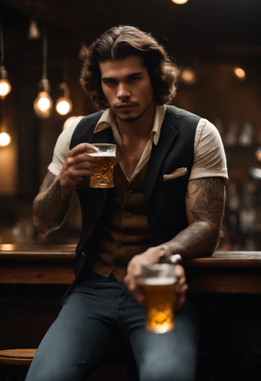 Menino de 23 anos, corpo magro, cabelo curto com topete, verruga na testa, vestindo jaqueta preta com cobras no peito, protetores de ouvido prateados, tatuagens estilo old school, Smoking and with a bottle of beer in hand in a bar