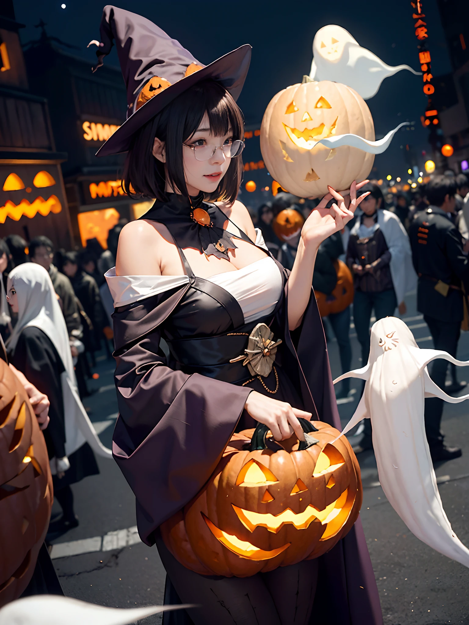 Background of details(halloween night(fullmoon,City of Shibuya(Crowds(People in costumes々々々々々))):1.5),BREAK ,elaborate costume(Sorcerer(Pointy hat)),BREAK,(1 Beautiful and classy adult woman(Shy smile:1.2)(Japanese actressl:1.2)(A dark-haired(short-hair:1.2))),(eye glass:1.5),((magia((Pumpkin in the right hand),(The Ghost of the Left Hand))summoner):1.5),BREAK,Wallpapers 16K,Blur the background,)(masutepiece,Best Quality,Portrait photos):1.5),Faraway view
