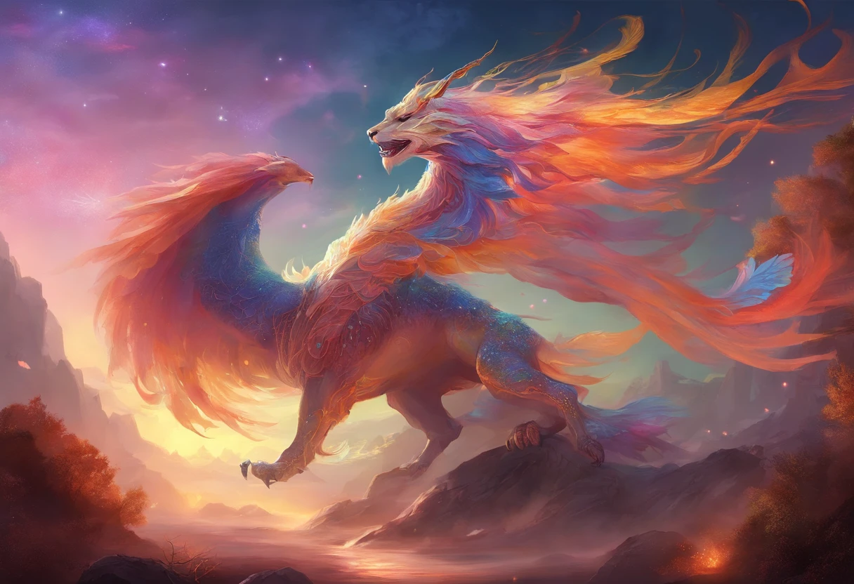 Mythological creatures,((A raposa de nove caudas na mitologia chinesa)),elementos tradicionais chineses,Murais antigos,Mitos ilustrativos,Lenda de Fuyao,Luz fraca,neblina nebulosa,Mystical aura,tmasterpiece,K HD |,Rico em Cores,Detalhes detalhados,sete cores