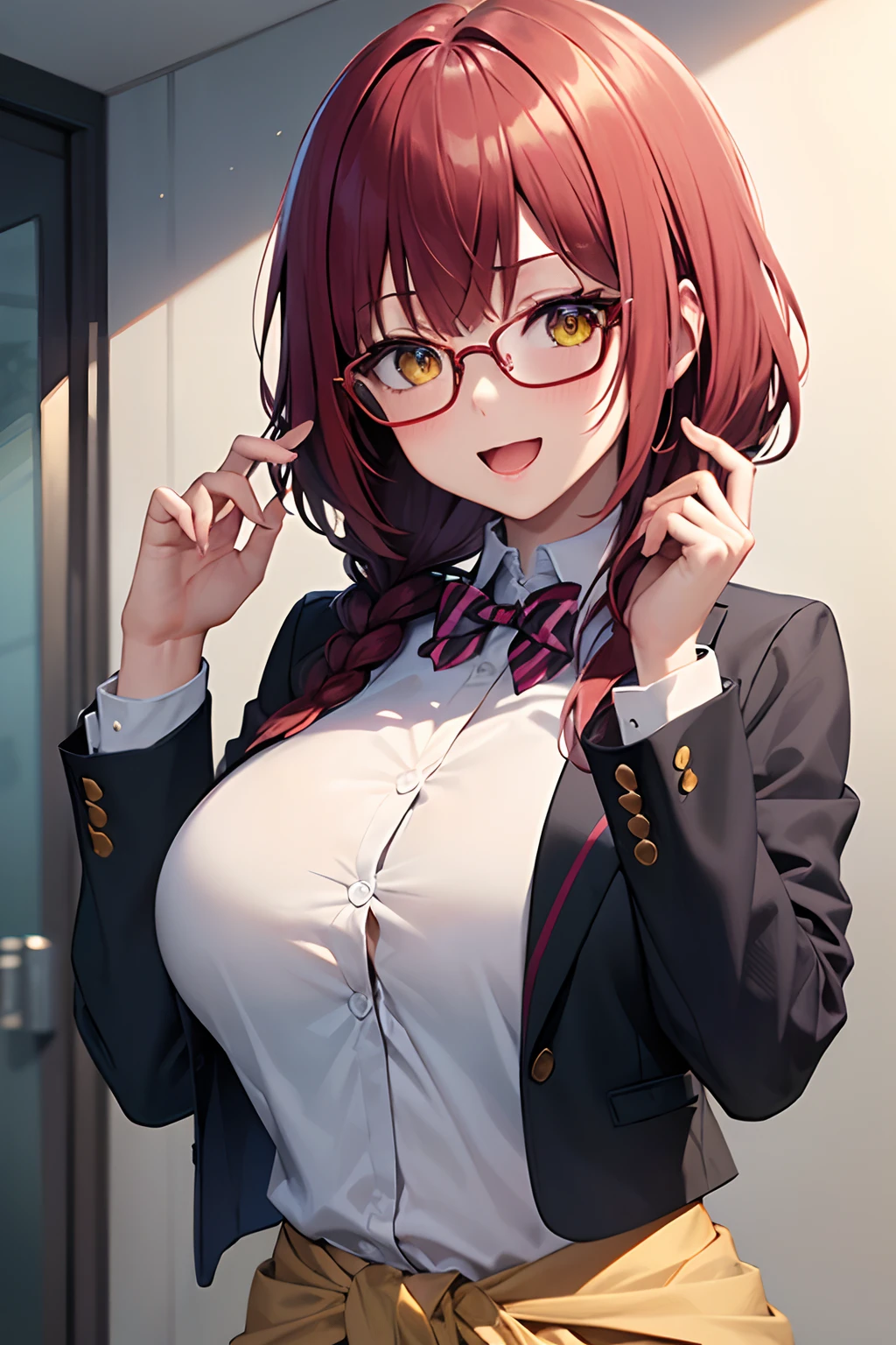 A hotel room at night with a night view,Sexy woman with glasses,Lean forward so that you can see your cleavage,Brown hair,Blonde orange eyes,Blue eyes,Black fishnet tights,White and red and purple and black,Reddish cheeks,Smile on his face,Face full of pleasure,Long skirt with slit,Crotch on top of man,Hold your fingers, Open your mouth, droolng,heart mark,Smokexxx,Surrounded by multiple guys,Scooped up hair,Nipple bumps,White liquid all over the body,White liquid dripping on the face or chest,SEX,red tide,AHE Face,grabbing head、hair pulled,Forcibly turn your face upwards,