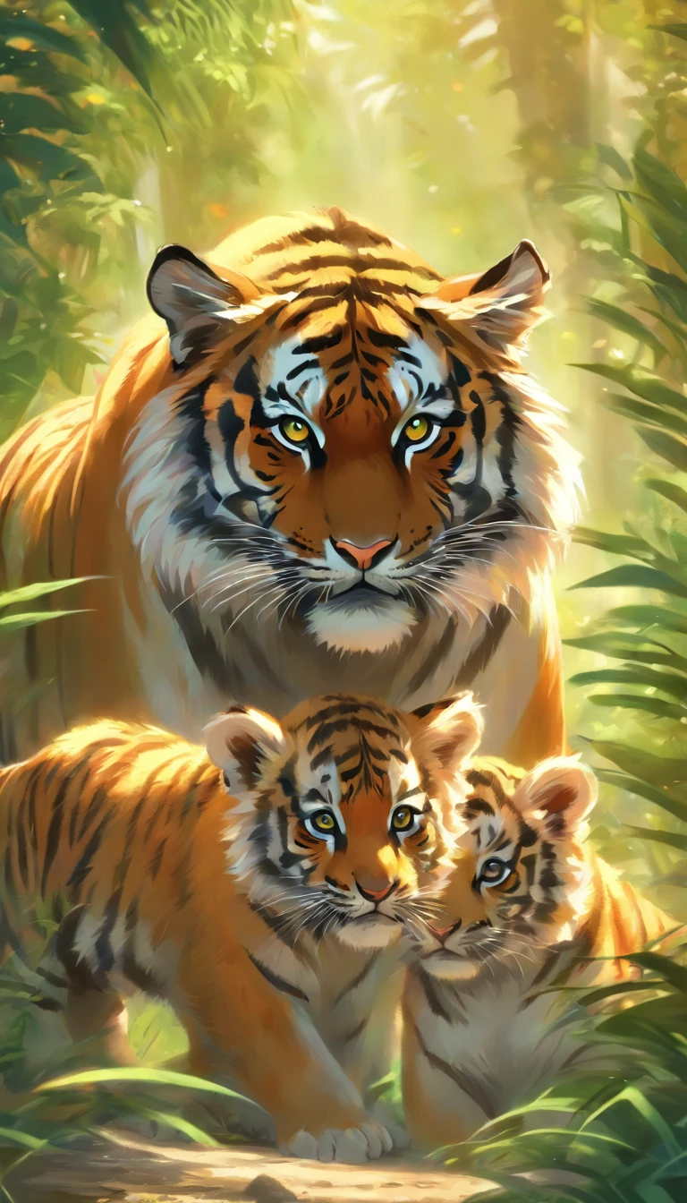 (a family of tigers),oil painting,sharp focus,extremely detailed tigers,vibrant colors,wildlife,graceful movement,tiger cubs playing in a tropical forest,majestic adult tiger overlooking the cubs,striking golden fur,ferocious eyes,strong and muscular bodies,dappled sunlight through the trees,lush green foliage,stealthy presence,striking contrast between shadows and highlights,single-hair brush strokes,impressive wild nature,awe-inspiring beauty,endangered species,serene atmosphere