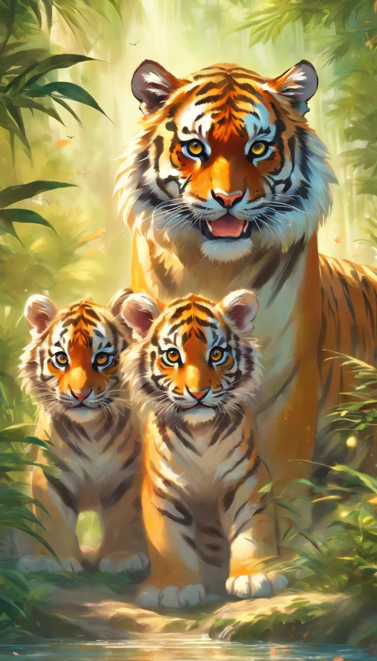 (a family of tigers),oil painting,sharp focus,extremely detailed tigers,vibrant colors,wildlife,graceful movement,tiger cubs playing in a tropical forest,majestic adult tiger overlooking the cubs,striking golden fur,ferocious eyes,strong and muscular bodies,dappled sunlight through the trees,lush green foliage,stealthy presence,striking contrast between shadows and highlights,single-hair brush strokes,impressive wild nature,awe-inspiring beauty,endangered species,serene atmosphere