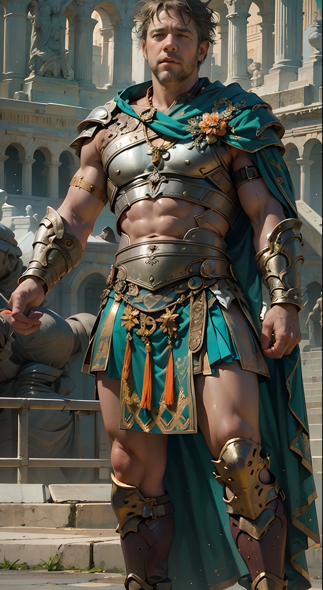 Victorious gladiators, Powerful gladiator, Russell Crowe(Russell Ella Crowe)Played by Maximus(gladiator),Short dark brown hair,Small waves,Upper torso exposed, Remove the leg from thigh to toe, Detailed muscle physique, Lifelike depiction, 4K 分辨率. Background: The Colosseum was packed with cheering crowds.,32k ULTRAHD, Best quality, Masterpiece, Super detail, High details,Correct anatomy,Ultra photo realsisim, fearsome, Dark fantasy, epic realistic, Faded, ((com cores neutras)), (hdr:1.5), (pastel colour:1.2), ultra - detailed, (Art Station:1.5), Cinematic, warm lights, Light effect, Dramaticlight, (Intricate details:1.1), the complex background, (greg rutkovsky:0.8), (Teal and orange:0.4),