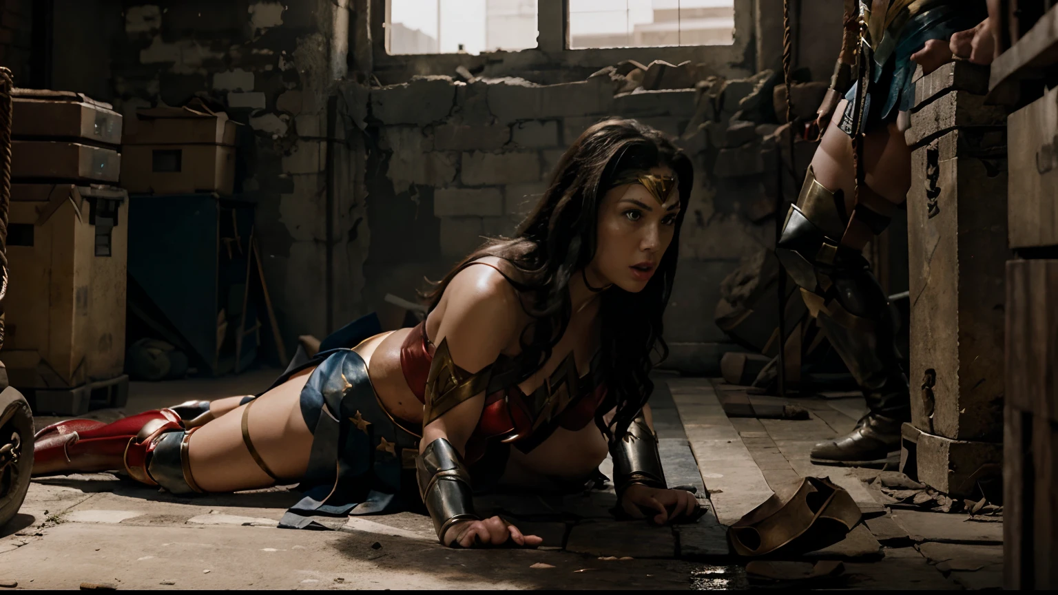 Wonder Woman with skirt surrounded by a group of men, possibly in a dangerous situation. She restrained in some way, such as being tied up, chained, or shackled. The image should show Wonder Woman's strength and determination, despite her inability to move freely. Her facial expression can be serious or intense, as she struggles against her restraints. The image can convey a sense of danger, as well as the potential for Wonder Woman to escape or otherwise overpower her captors. The image should have a dynamic energy, with Wonder Woman firmly at the center. Full body, BDSM.