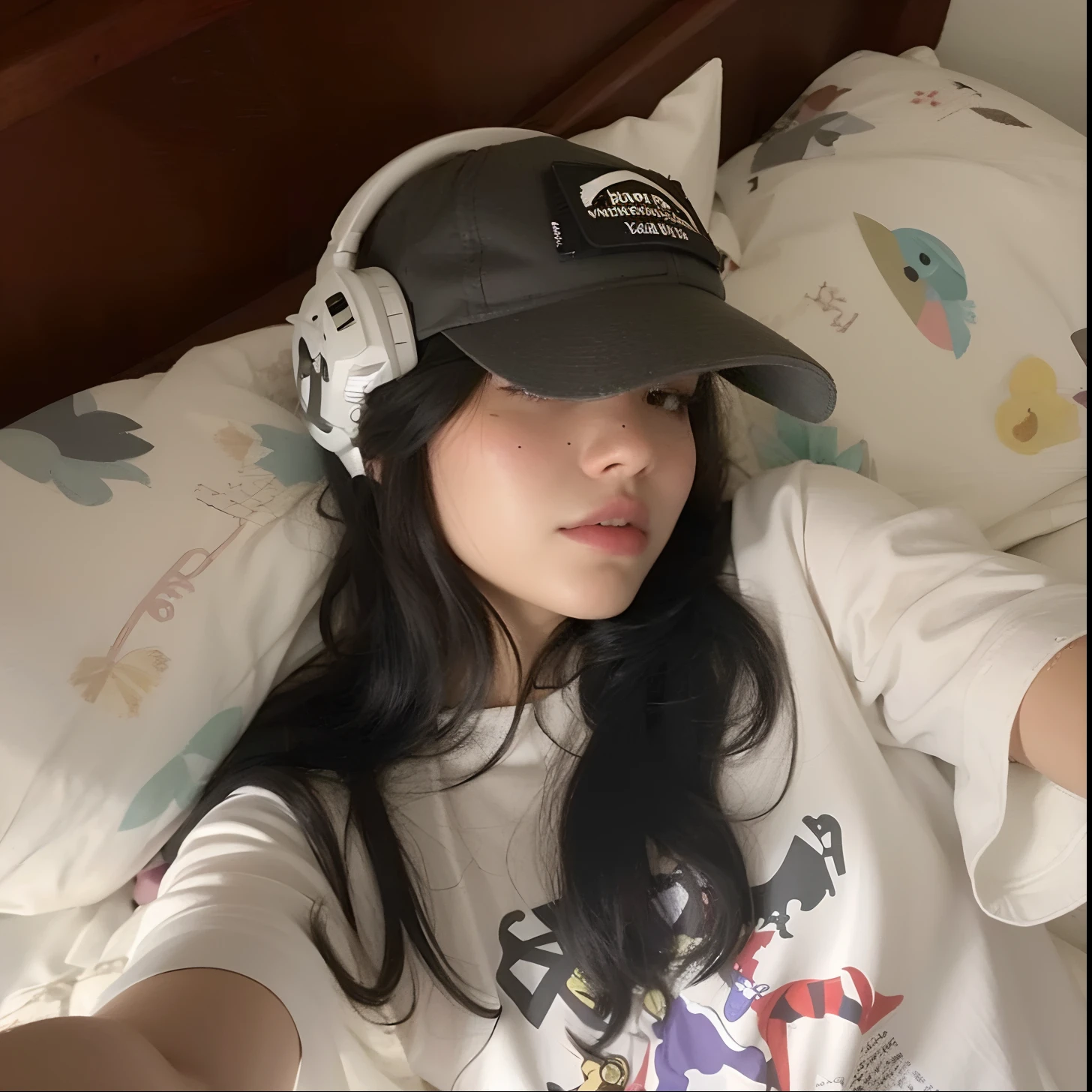 Woman in white shirt and black hat lying on bed, wearing a cute hat, com fones de ouvido, lofi, E - Meninanina, anims, com fones de ouvido, Ela parece uma mistura de Grimes, it's wearing a cute little hat, Ela tem cabelo preto com franja, lofi girl aesthetic