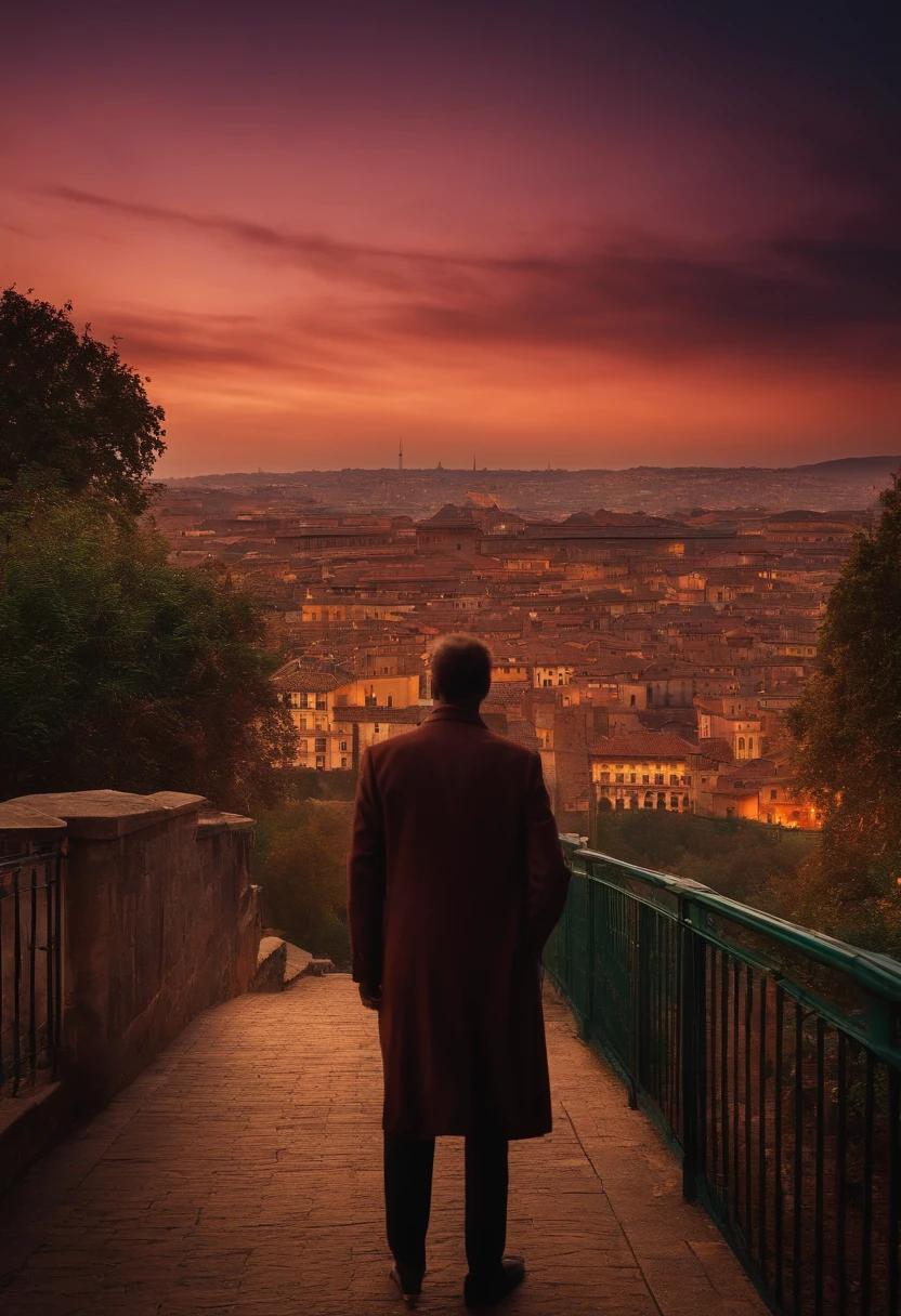 A man from behind facing the vastness of a mysterious city, pleine de mouvement, de nuit, avec des belle couleur