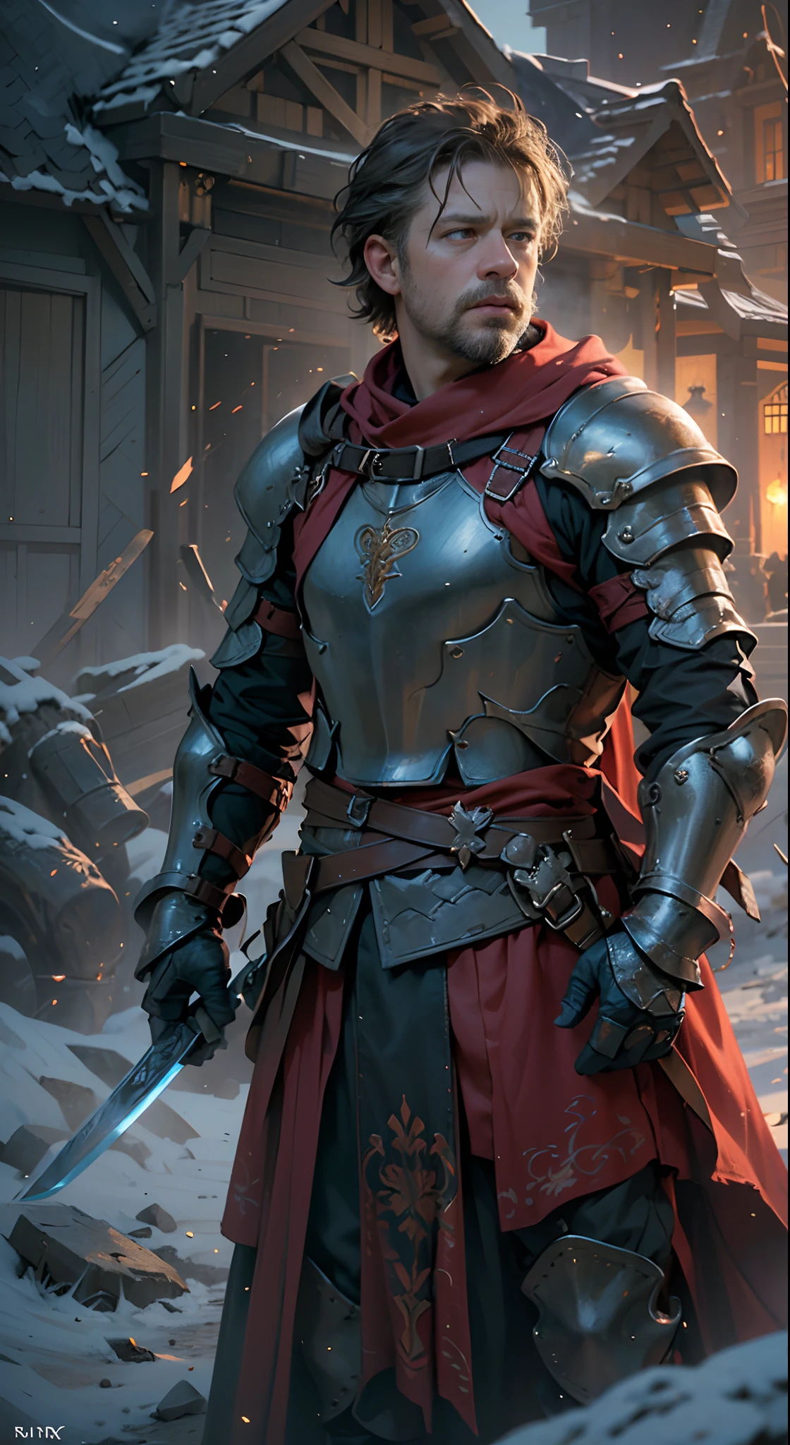Guild wars,top-quality、softlighting、(depth of fields)、超A high resolution、(Photorealsitic:1.4)、RAW photography、(porate:1.4),On the battlefield,Russell Crowe(Russell Ella Crowe)Played by General Maximus(cinematic ligh:gladiator),(Hairstyles:Short dark brown hair,Small waves),(Wearing:Silver armor,red capelet,(rendering by octane, illusory engine, Highly detailed, iintricate,)), Fight on the battlefield,scenes of fighting enemies,(Angry,Brave,intense battles,),8K, High definition, Detailed face, Detailed eyes,Hyper-realistic, + cinema shot + Dynamic composition, Incredibly detailed, Sharpen, Details + Superb details + perfectionism + award winning realism ((Moody lighting)),Vintage style,Correct anatomy,(Scenes:Winter cold forests,battlefiled,Flying flames,),((Masterpiece,Best quality)), ((Cinematic light)), Ultra photo realsisim, fearsome, Dark fantasy, epic realistic, Faded, ((com cores neutras)), (hdr:1.5), (pastel colour:1.2), ultra - detailed, (Art Station:1.5), Cinematic, Light effect, Dramaticlight, (Intricate details:1.1), the complex background, (greg rutkovsky:0.8), (Teal and orange:0.4),Knights、Full body armor、big sword、A shield、Red cape、 Fierce, Epic, Cinematic composition,