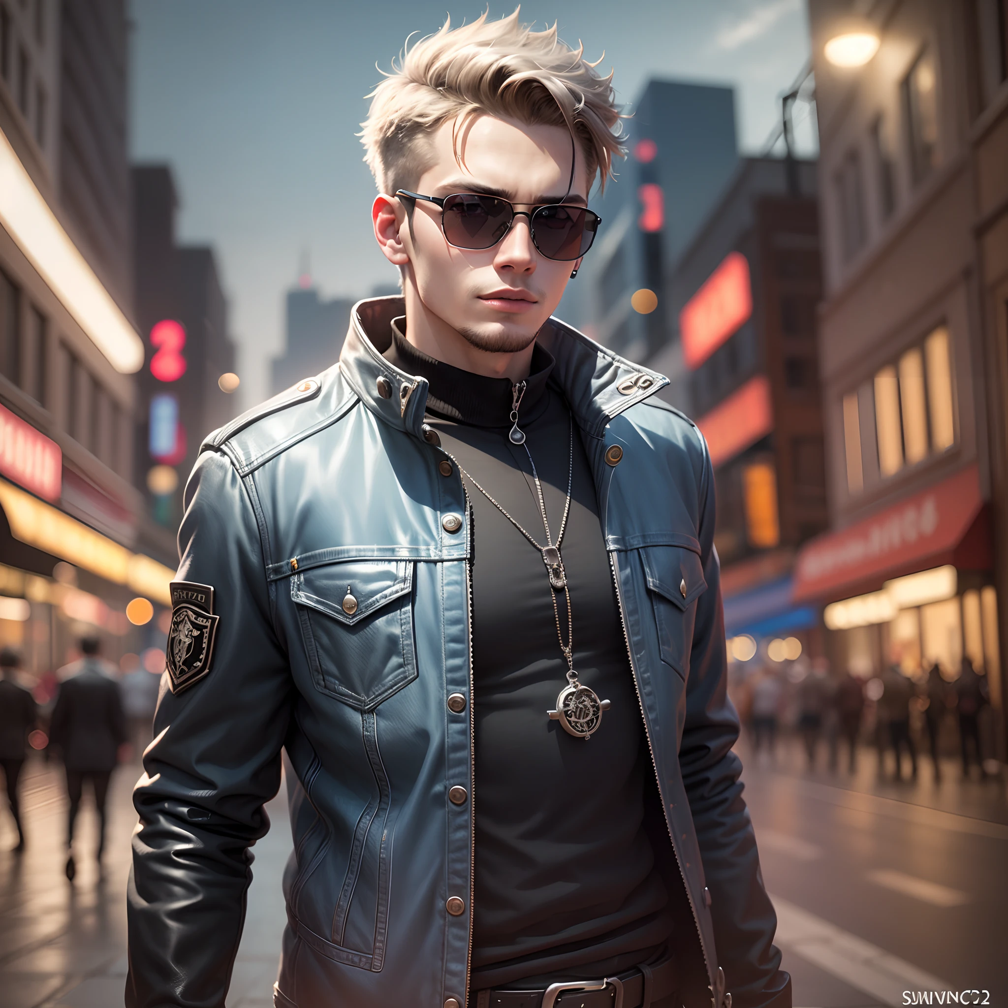 realistic face, 19 years old boy,siver punk, big calar jeket, jeket siver punk lighting, bagroung 2milion lighting city,sunglass,smart siverpunk handwatch, smart black hiar style + some on lighting,8k --auto --s2