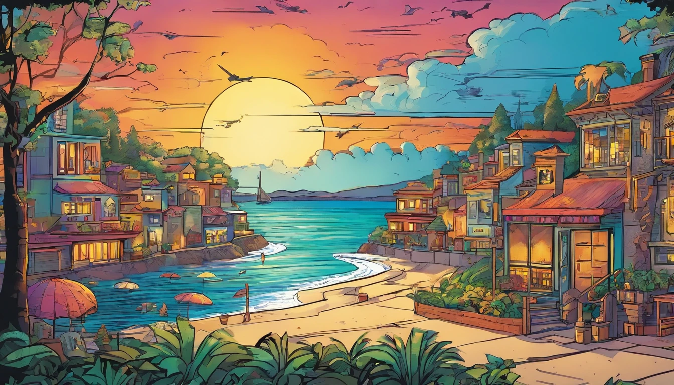Vibrant Ink And Luministic Oil Painting, in the style of the best, small seaside town with a fountain, trees, beach, waves, whitewater, ocean, sunset, clouds, hyperdetailed, cinematic lighting, long shadows, saturated contrast