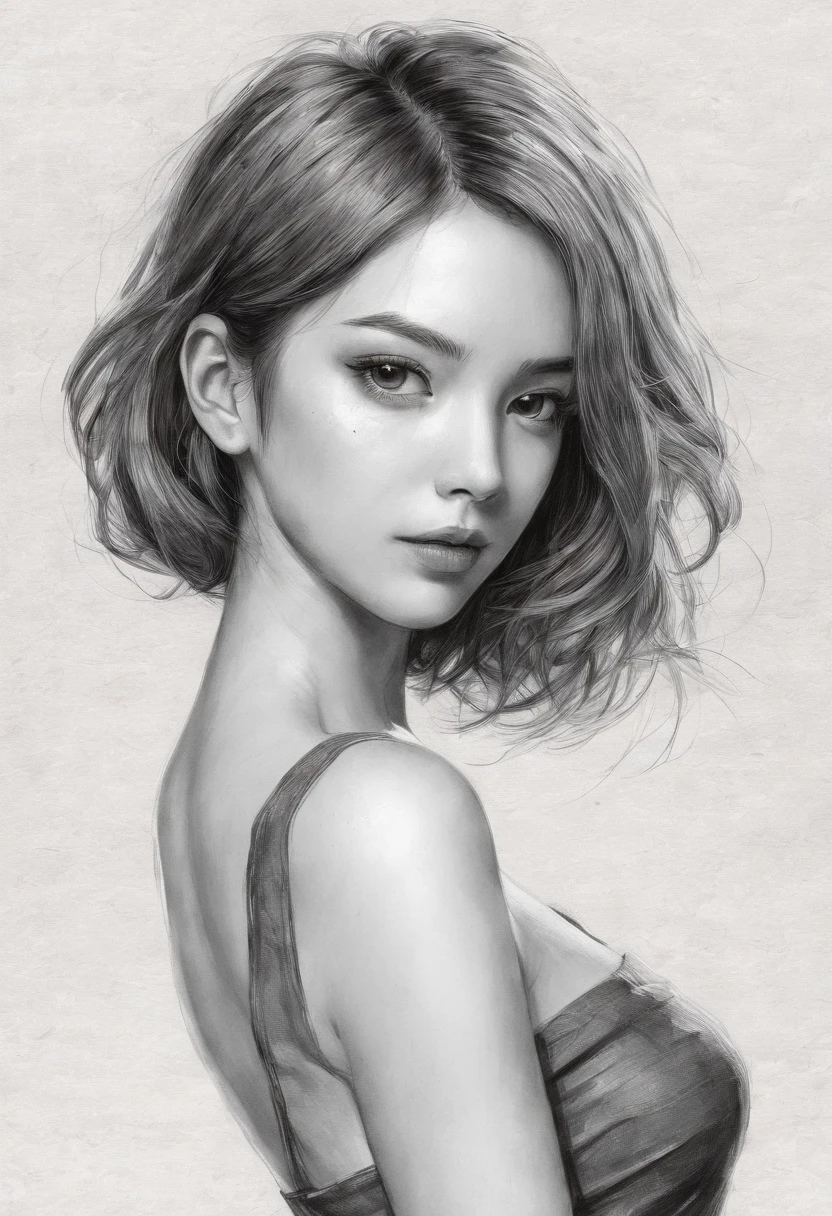 a portrait of a beautiful woman,  sun dress,  Defined Black Lines, 1girl, 独奏, water, Girl hugging tulips, Simple background, whitebackground, monochrome, lineart, ((Sketch)),((hiquality, Masterpiece:1.4)), 1girl, ((upper-body)), portrait sketch, messy drawing, messy charcoal spots, unfinished sketch, sketchbook charcoal style drawing of a woman, sketchbook drawing, sketchbook, beautiful hair, medium short hair, beatiful face, Symmetrical facial, symmetric eyes, ((paper material background)), realistic charcoal lines, imperfect drawing, charcoal crumbs, charcoal lines, Imperfection, Fade Sketch, Sketch sQueratogray (Eddymauro Mix)
