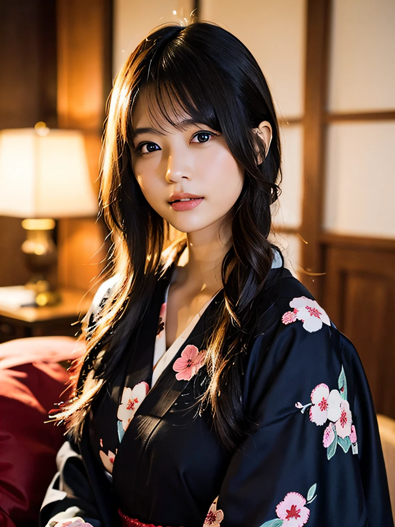 ((1 girl in))、Photorealsitic、a beauty girl、smil、hightquality、hight resolution、super-fine、acurate、Cinematic lighting、High contrast、High brightness、High color saturation、Highly detailed facial and skin texture、Detailed hand depiction、Black kimono、with floral pattern、Highly detailed brown eyes、detailed symmetric realistic face、Detailed chest depiction、Detailed hand depiction、Sleepy eyes、Hairstyle Upstyle、Look at viewers、Detail skin、 Indoor Japan house on background、futon bedding、Night view of fireworks blooming outside the window