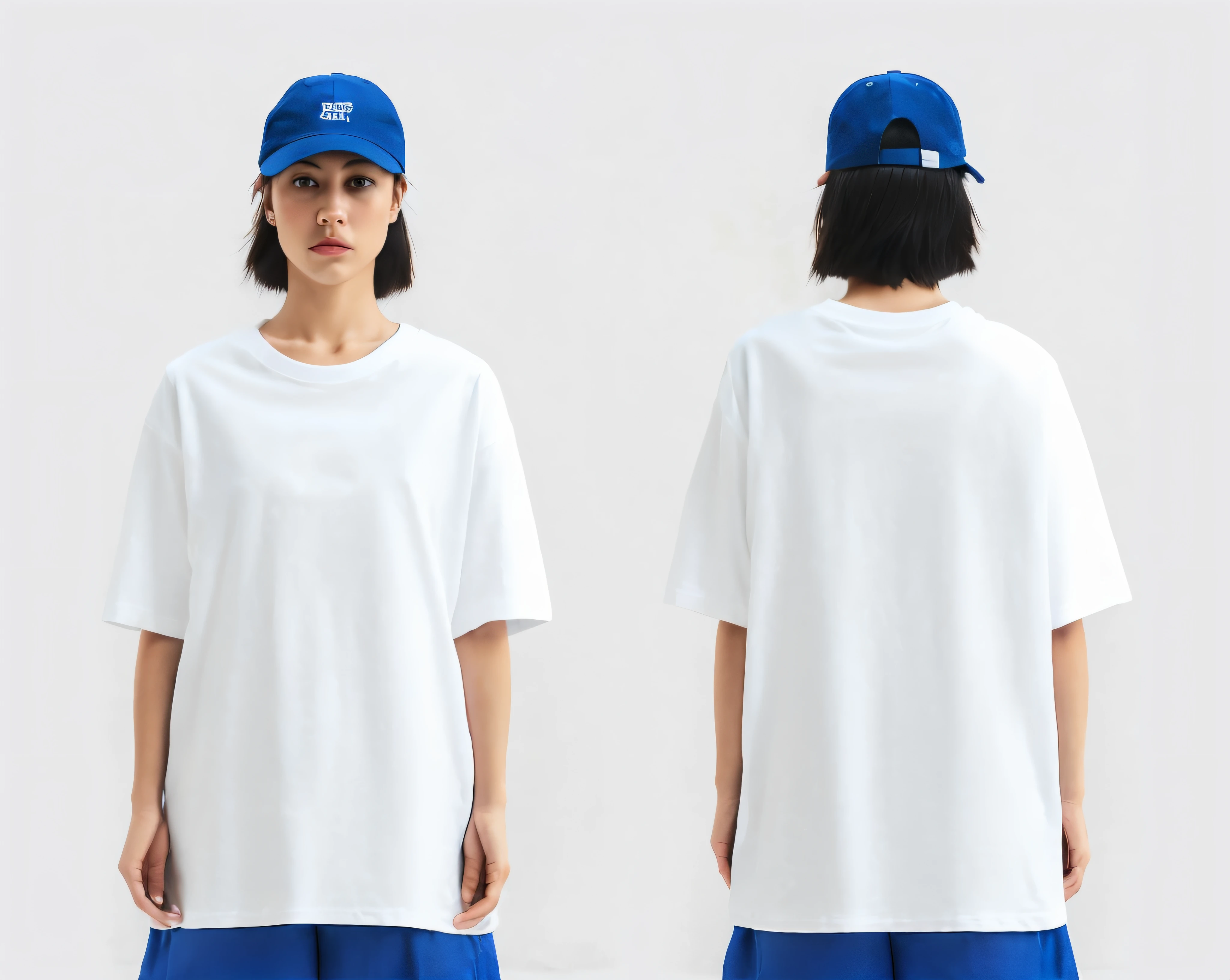 Image of a woman wearing a white shirt and blue shorts, white t - shirt, White T-shirt, casual streetwear, realistic dress, whitet-shirt, uniform off - white sky, minimal clothing, from 8 k matte, baggy clothing and hat, japanese streetwear, Short sleeves, Casual clothing, t-top, Sket - One x iamretro