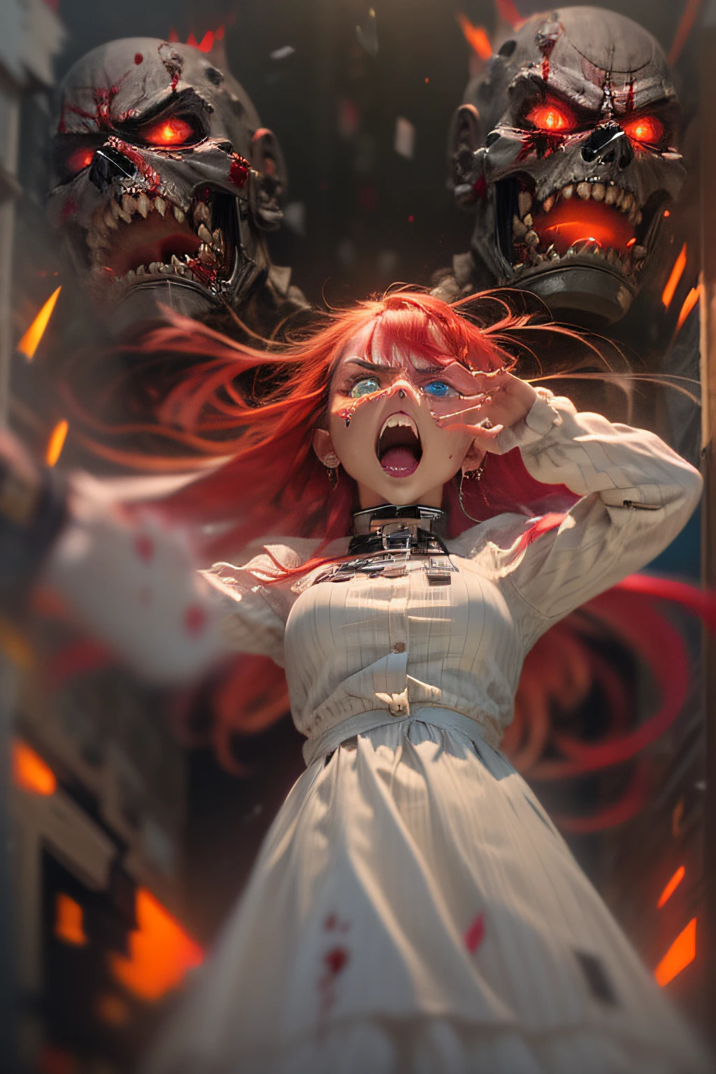 Best Quality, Masterpiece, 8k, RAW, 1 girl, ((raging)), (red hair), color-theme red, dramatic light, violence everywhere, corpses blood gore destruction in background, background dark and blurred, (angry expression:1.4), (raging eyes:1.2), red eyes, (heterochromia:1.2), mental breakdown, intimidation, harms way, (Anger:1.4), vengeance, rage, destruction, murder, insanity, going insane, loosing control