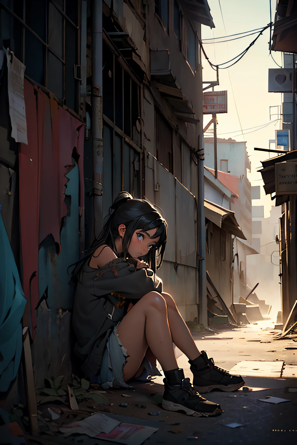 There's a little girl sitting on the floor in a dirty alley., View from afar, young girl (Black hair, Ten years old, tattered clothes), sad, Sit by the wall, ruined city, Destroyed buildings, high-resolution, Best Quality, cinematic lighting, realistic details, sharp focus, soft lighting, detailled eyes