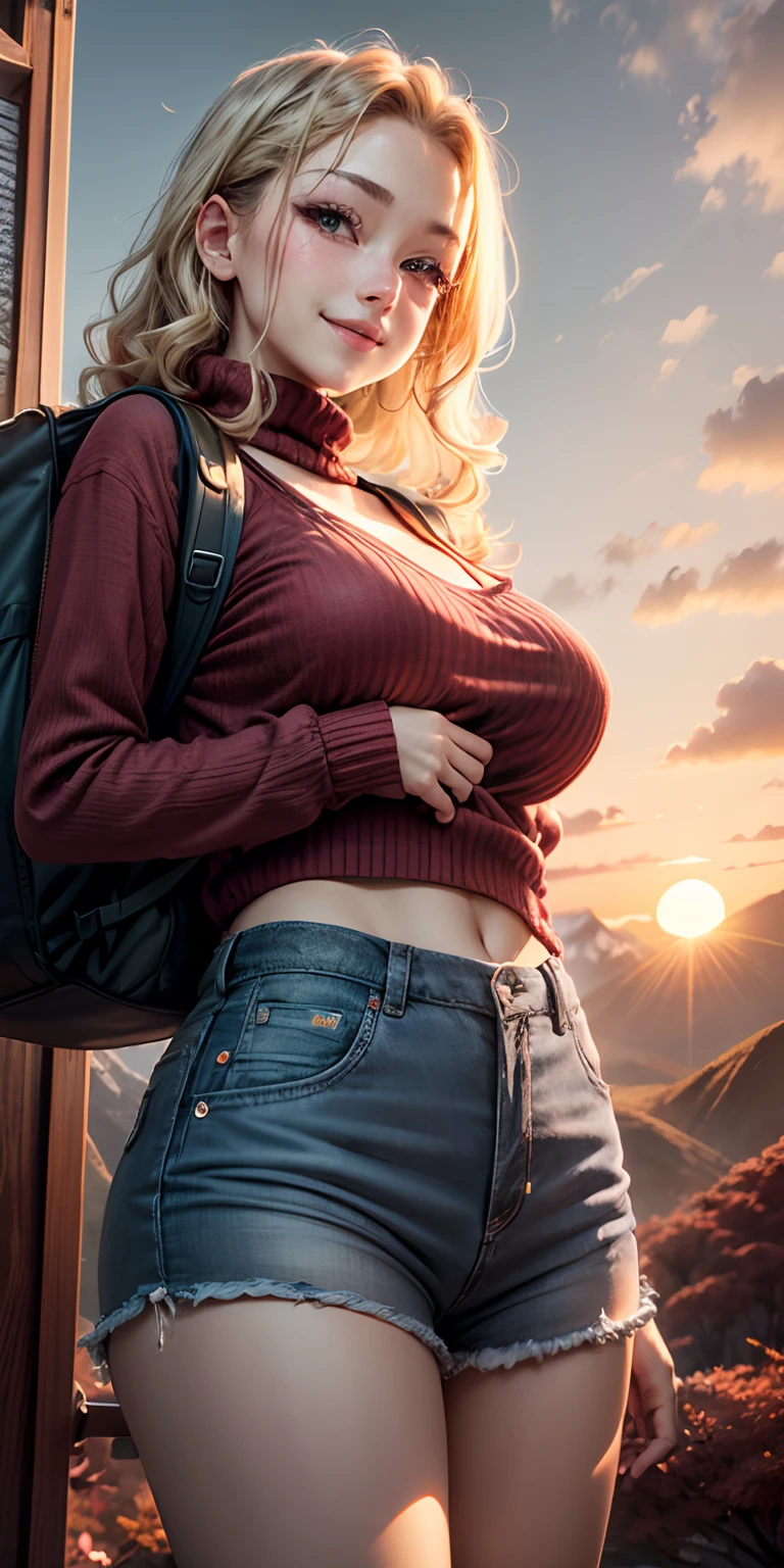 top-quality、Top image quality、​masterpiece、Close-up looking up from below、Blonde braided hair 19 year old girl、mountaineering、Wear light shorts、Backpack and climb the slope、Wearing a knitted hat、(Colored leaves、A sexy、Face smile、Face Real、Breasts enlarged