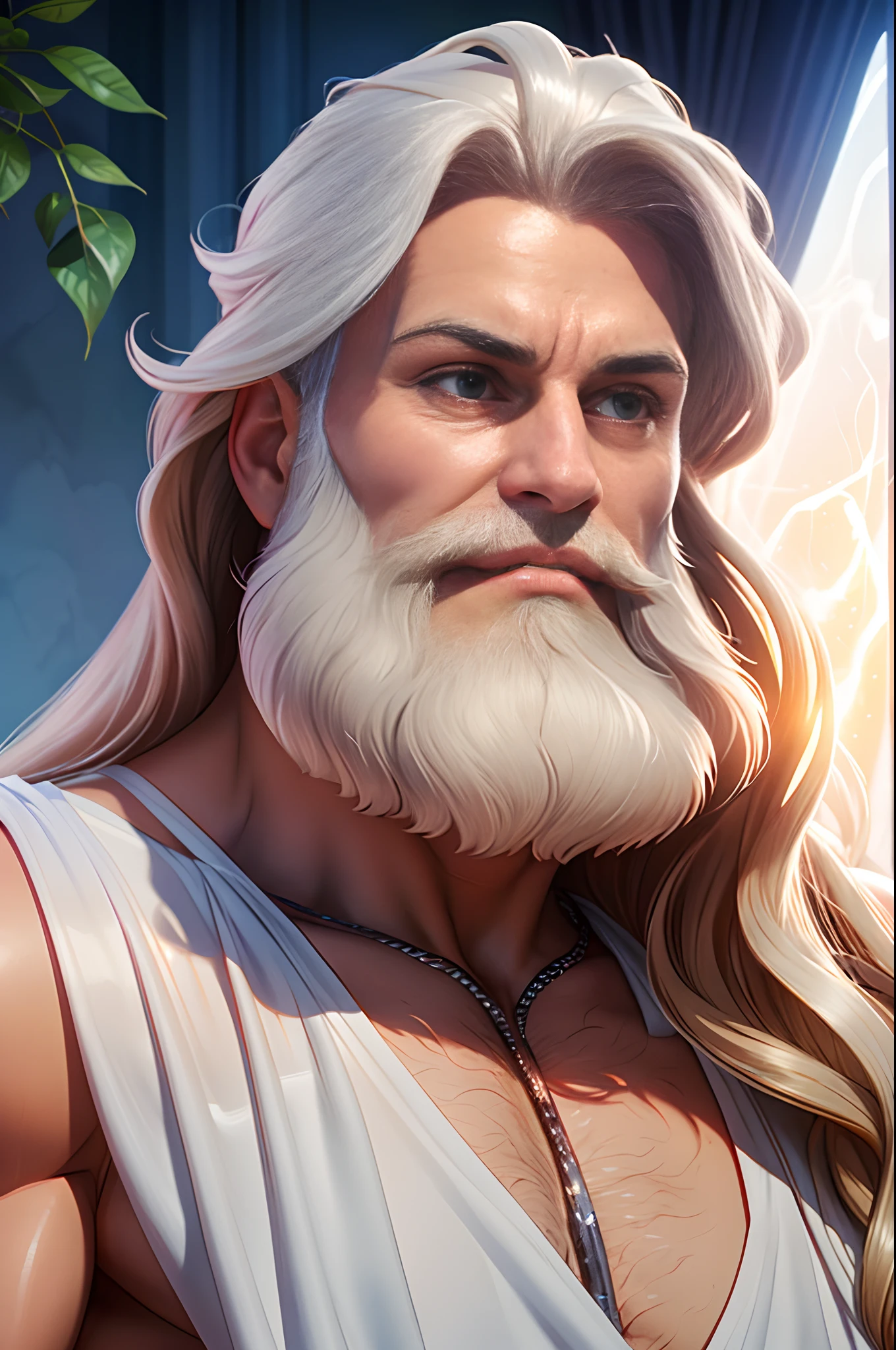 Zeus，8K，long whitr hair，sbeard，Face the lens，frontage，natural soft light，wearing long white togas，Disney  style，pixar-style，serious expressions