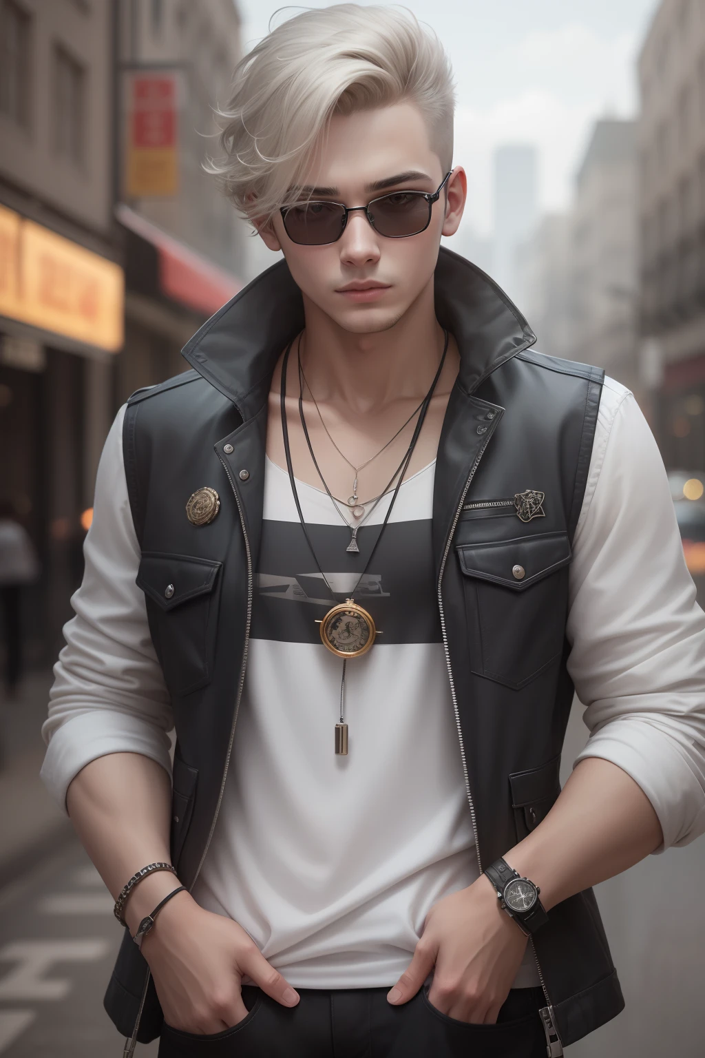 realistic face, 19 years old boy,siver punk, big calar jeket, jeket siver punk lighting, bagroung 2milion lighting city,sunglass,smart siverpunk handwatch, smart black hiar style + some on lighting,8k --auto --s2