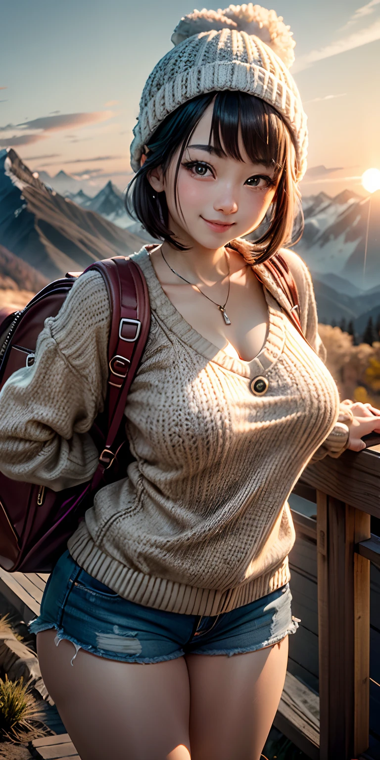 Realistically, the sunset is beautiful．Low mountains, jpn、Super close-up looking up from below、Thigh emphasis、knit hat、Black Hair Short Bob Hair 18 Year Old Girl、rucksack、((Wearing a yellow tight-fitting knitted sweater))、Wearing shorts、Sexy pose breasts greatly emphasized cleavage、A mountain with beautiful reddish autumn leaves々々々々々々々々々until々View、Face smile