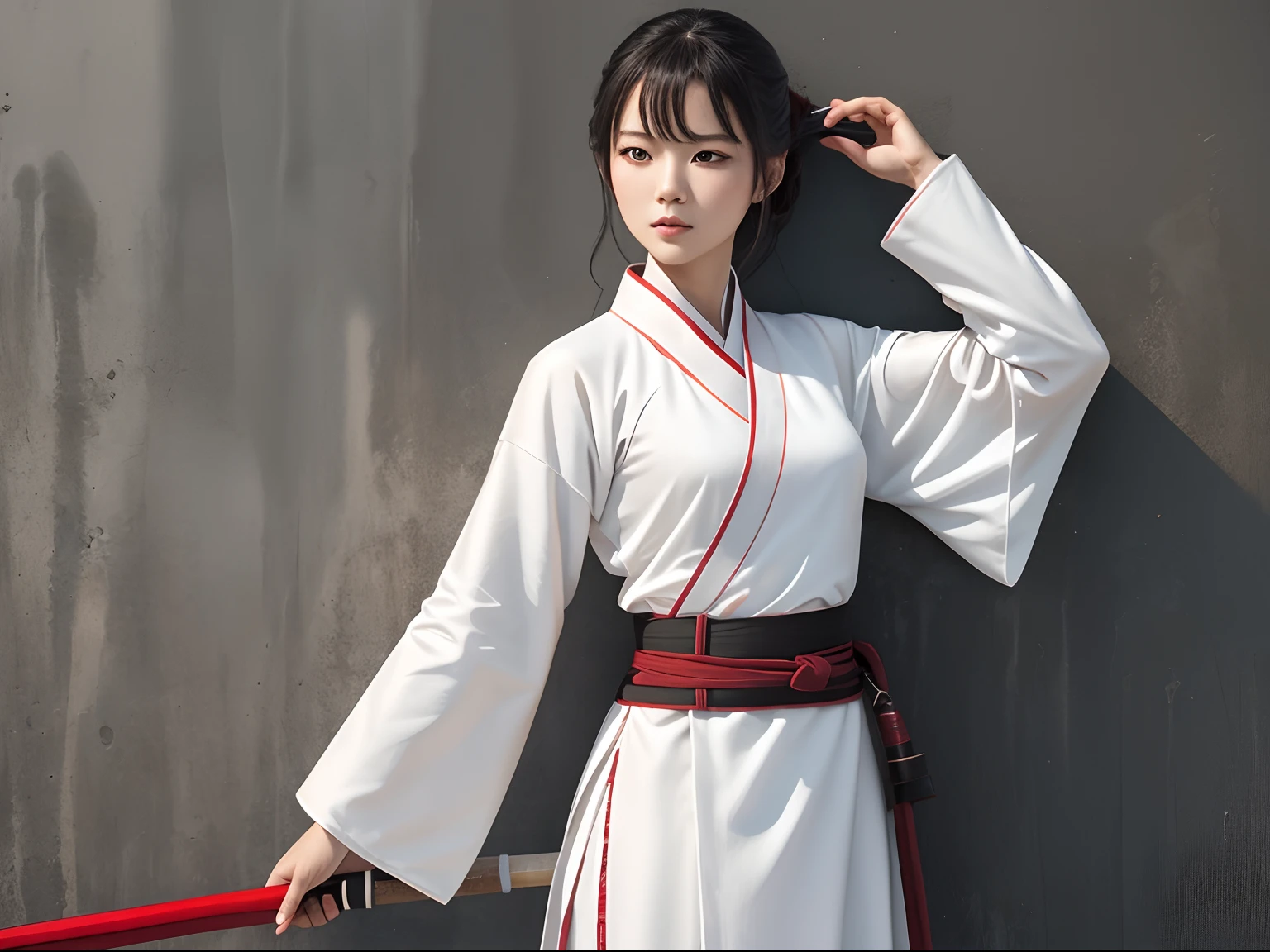 A woman who is,White Hanfu red belt,A stick，Placed diagonally on the wall,swordsmen,，(tmasterpiece，best qualtiy，Complicated details)