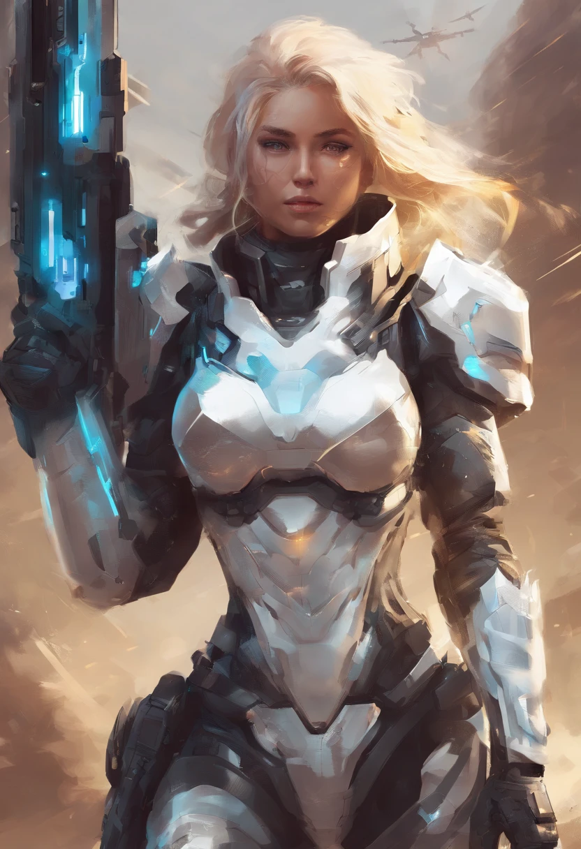 A soldier of the future with a sense of science and technology,Super Female Warrior,Silver-white armor,The battlefield is the background,golden hair,Super weapon in hand,