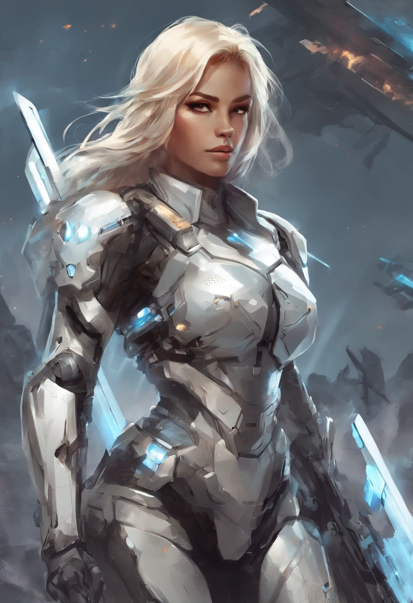 A soldier of the future with a sense of science and technology,Super Female Warrior,Silver-white armor,The battlefield is the background,golden hair,Super weapon in hand,