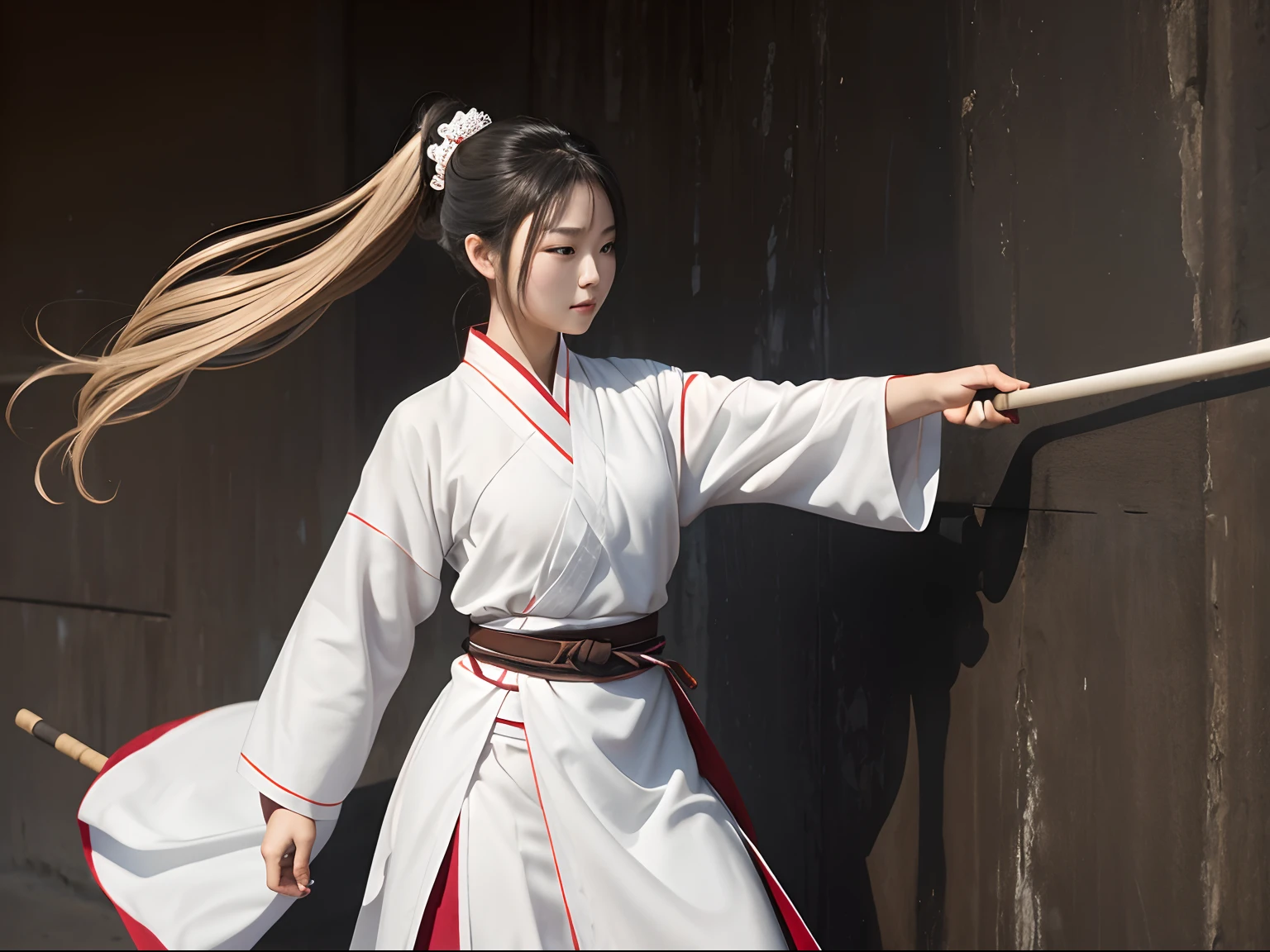 A woman who is,White Hanfu red belt,A stick,Placed diagonally on the wall,swordsmen,,(tmasterpiece,best qualtiy,Complicated details)