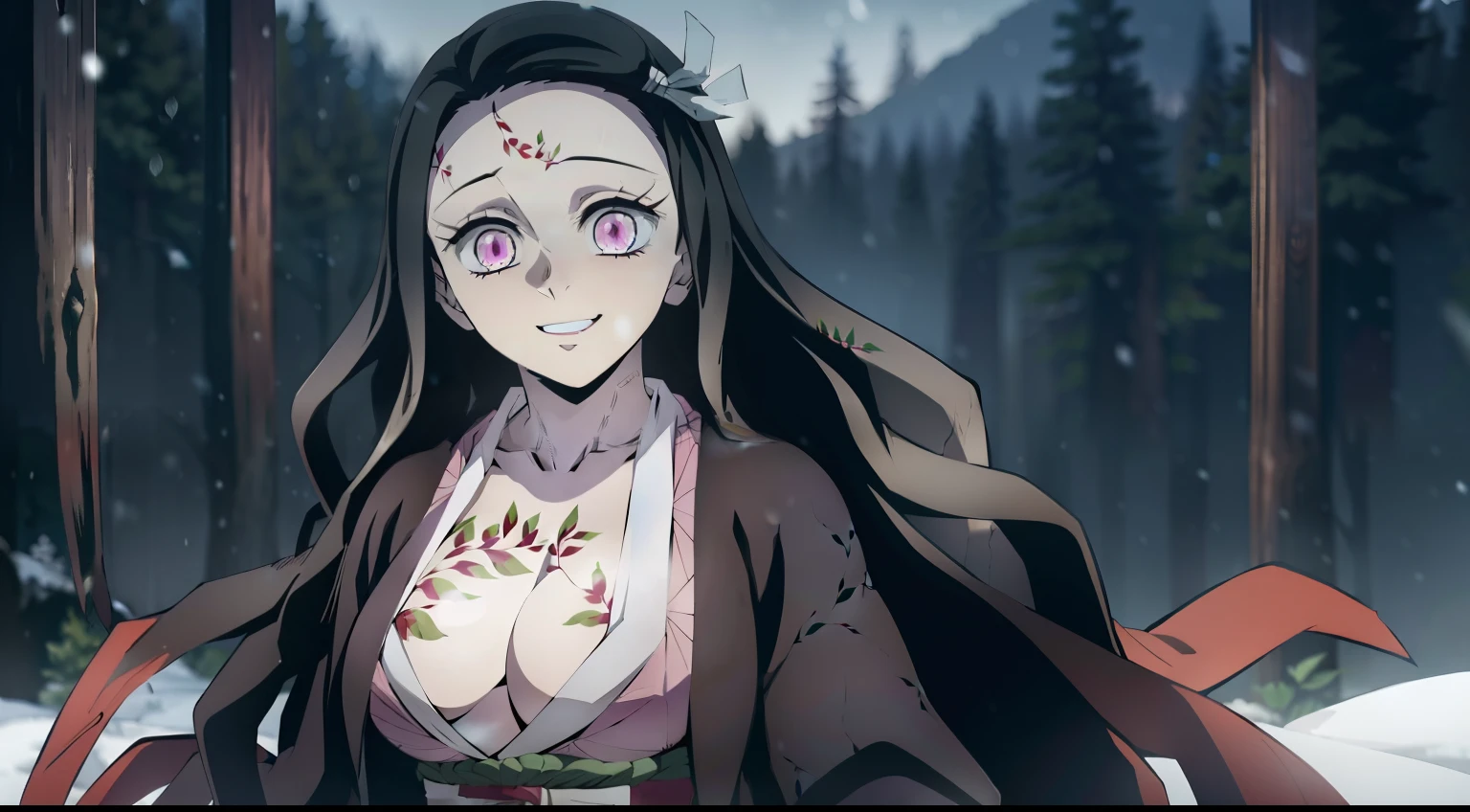 naked body, half naked, the night, Night Forest, snowing, night sky, a big moon, Swimming in the lake, against the background of the moon, Erotica, full-length photo, Panoramic view, half naked(Body Full 1.1), Sexy, Smiling, Nezuko Kamado's masterpiece, ssmile, joying, Long black hair with orange tips, Ribbon Hair, (pink eyes: 1.5) Bright, Wavy Hair, two tone hair, professional photo of a, haori, Japanese outfit, Sexy kimono, long sleeves, pink kimono, band, long sleeves, Perfect Curved Body, Tattooed body with leaves, permeating Her body, Lovely Medium Breasts, Her breasts are sticking out from under her clothes, BREAK (Master Part: 1.2), Best Quality, High Resolution, photorealestic, photogenic, Unity 8k壁纸, (illustartion: 0.8), (Beautiful detailed pink eyes: 1.6), extremely detailed face, perfect lighting, extremely detailed CGI , (perfect arms, perfect anatomy), 18 year old girl with perfect breasts, beatiful face, master study, intricate details, Detalhes realistas, the anime, (По мотивам Demon Slayer Kimetsu no Yaiba Nezuko Kamado) the perfect body, Perfect Pointed Breasts, The Perfect Girl, perfect details, Ultra HD |, 8K, Professional photo, Kimetsu no Yaiba Sexy Nezuko Kamado shows off her sexy body with a leaf tattoo, Joyful expression on his face,