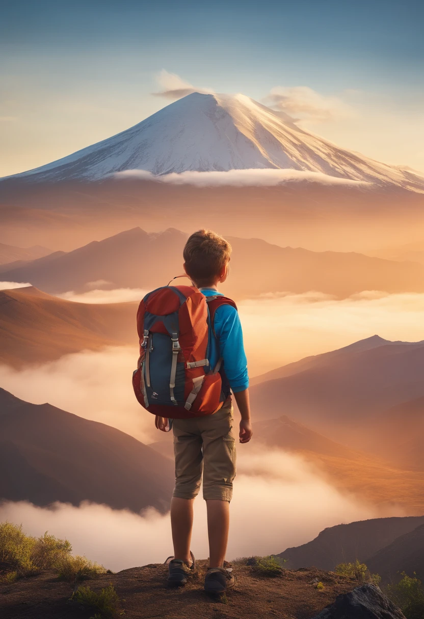 There is a cute boy standing on the hill with a backpack on his back, mountain range in background, with the mountains in the background, mountain range in background, In front of the mountain, Use Adventure Gear, At the summit, At the summit, hiking clothes, Close to the volcano, Against the background of a volcano, wearing adventure gear,Mascot character,frontal，16:9