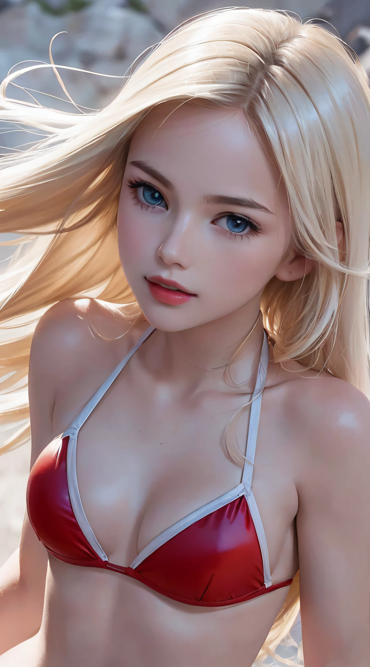 (8K, RAW Photos, of the highest quality, Masterpieces: 1.2), (Realistic, Photorealistic: 1.37), Highest Quality, Ultra High Resolution, light  leaks, Dynamic lighting, Slim and smooth skin, (Full body:1.3), (Soft Saturation: 1.6), (Fair skin: 1.2), (Glossy skin: 1.1), Oiled skin, 22 years old, Night, shiny white blonde, Well-formed, Hair fluttering in the wind, (Close-up shot of face only:1.2), Physically Based Rendering, From multiple angles, all-fours, Chest is sheer, (Smaller chest:1.2), cleavage of the breast, Lower breast, (Transparent costume:1.3), Not wearing a cloak, Beautiful eyes,Break HA,(8K, RAW Photos, of the highest quality, Masterpieces: 1.2), (Realistic, Photorealistic: 1.37), Highest Quality, Ultra High Resolution, focused eyes, light  leaks, Dynamic lighting, Slim and smooth skin, (Full body:1.3), (Soft Saturation: 1.6), (Fair skin: 1.2), (Glossy skin: 1.1), (Oiled skin:1.2), 18 years old, Night, plein air, Strong morning light from the front, BREAK, shiny white blonde, Well-formed, Hair fluttering in the wind, (Close-up shot of face only:1.2), Physically Based Rendering, From multiple angles, (Cute:1.2), Beautiful hair blown in the wind, all-fours, Chest is sheer, Well equipped, Sheer, Transparent, Glittering Gemstones, beautiful body shape, It features a simple, BREAK, Hair volume decreases towards the ends of the hair, Beautiful skin without blemishes, (Thin shiny red little bikini:1.2), Sparkly lips, The air is clear, shiny white blonde hair, Light is coming in from various directions, Hair through intense light, (Erotic:1.3), (Bare chest:1.2), (Small breasts:1.2), Under the breasts, narrowwaist, narrow shoulders, gazing at viewer, Big smile, spring, Bathing, Very small cloth, thighs thighs thighs thighs, Put your hands on your chest with embarrassment and embarrassment,