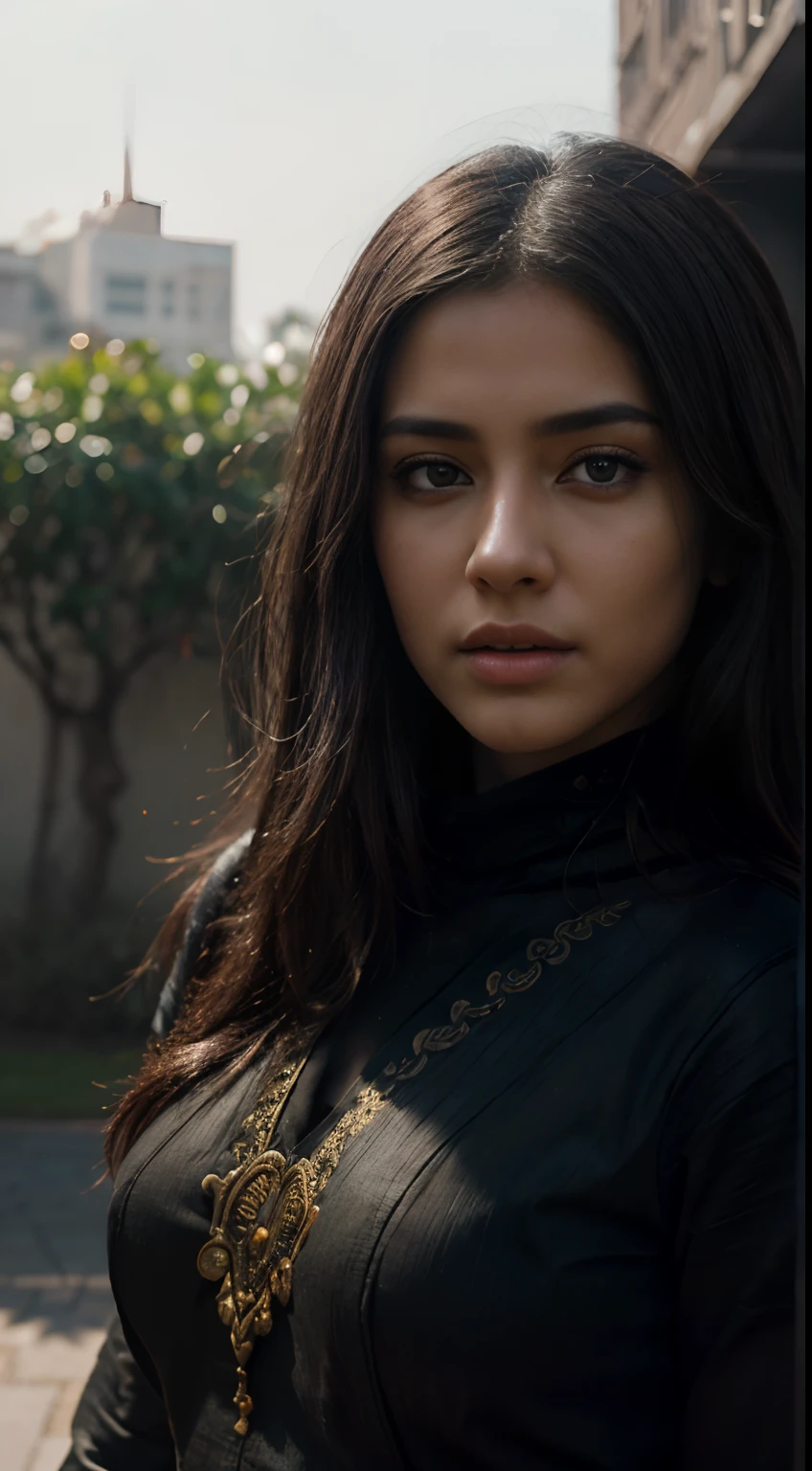 1 girl, masterpiece, best quality, 25 year old, indian, high resolution, 8K , HDR, bloom, sun light, raytracing , detailed shadows, intricate tree shadow, bokeh, depth of field, film photography, film grain, glare, (wind:0.8), detailed hair, beautiful face, beautiful girl, ultra detailed eyes, cinematic lighting, (hyperdetailed:1.15), outdoors,, sf, intricate artwork masterpiece, ominous, matte painting movie poster, golden ratio, trending on cgsociety, intricate, epic, trending on artstation, by artgerm, h. r. giger and beksinski, highly detailed, vibrant, production cinematic character render, ultra high quality model