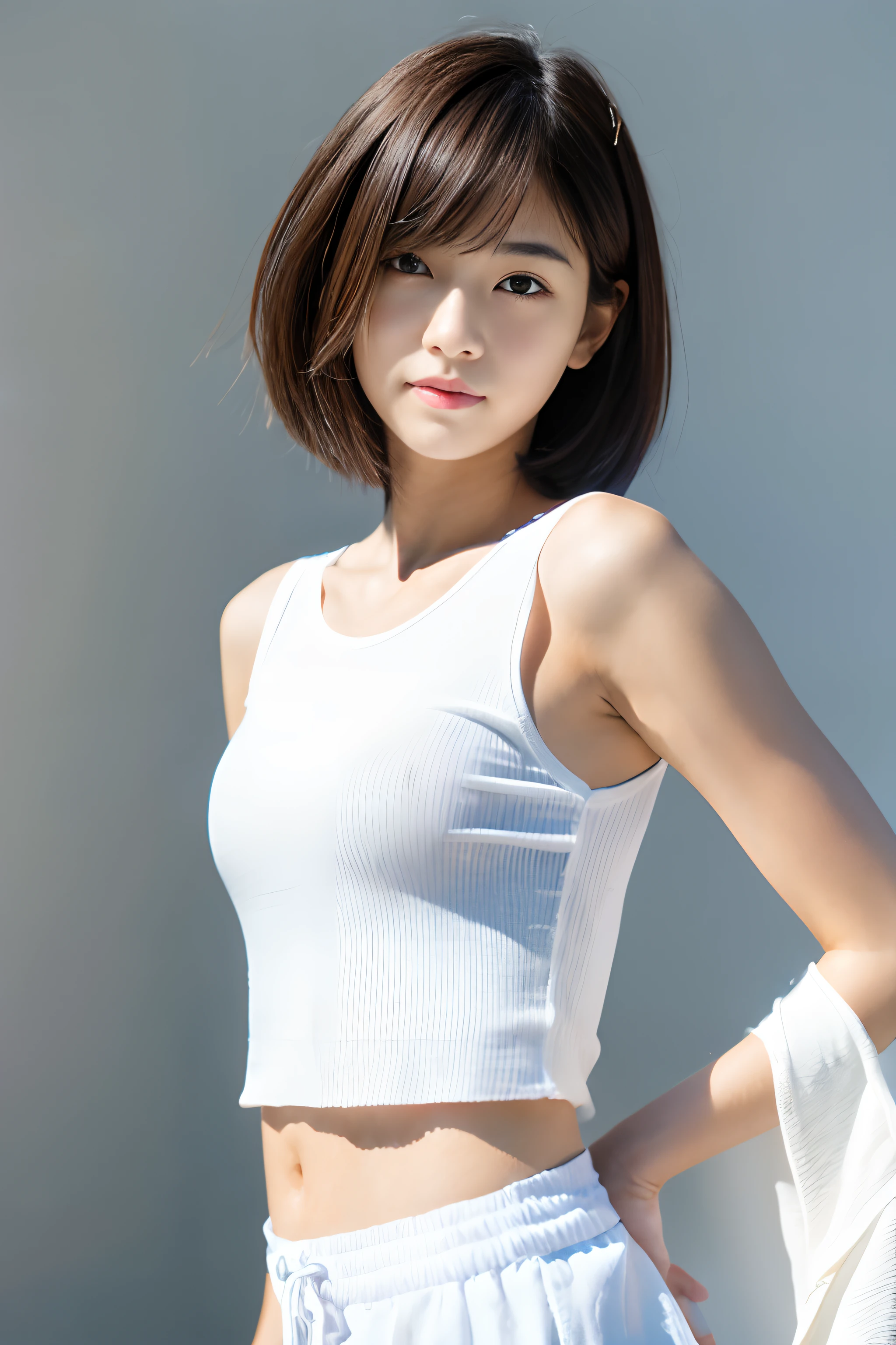 18-year-old girl, short detailed hair, Photo., White top