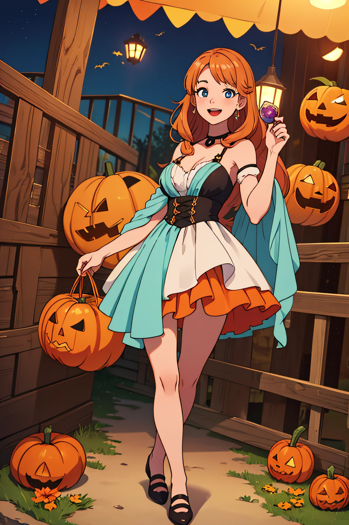 backyard, long hair, Halloween costume, ((beautiful woman, happy)), (((best quality, 8k)))