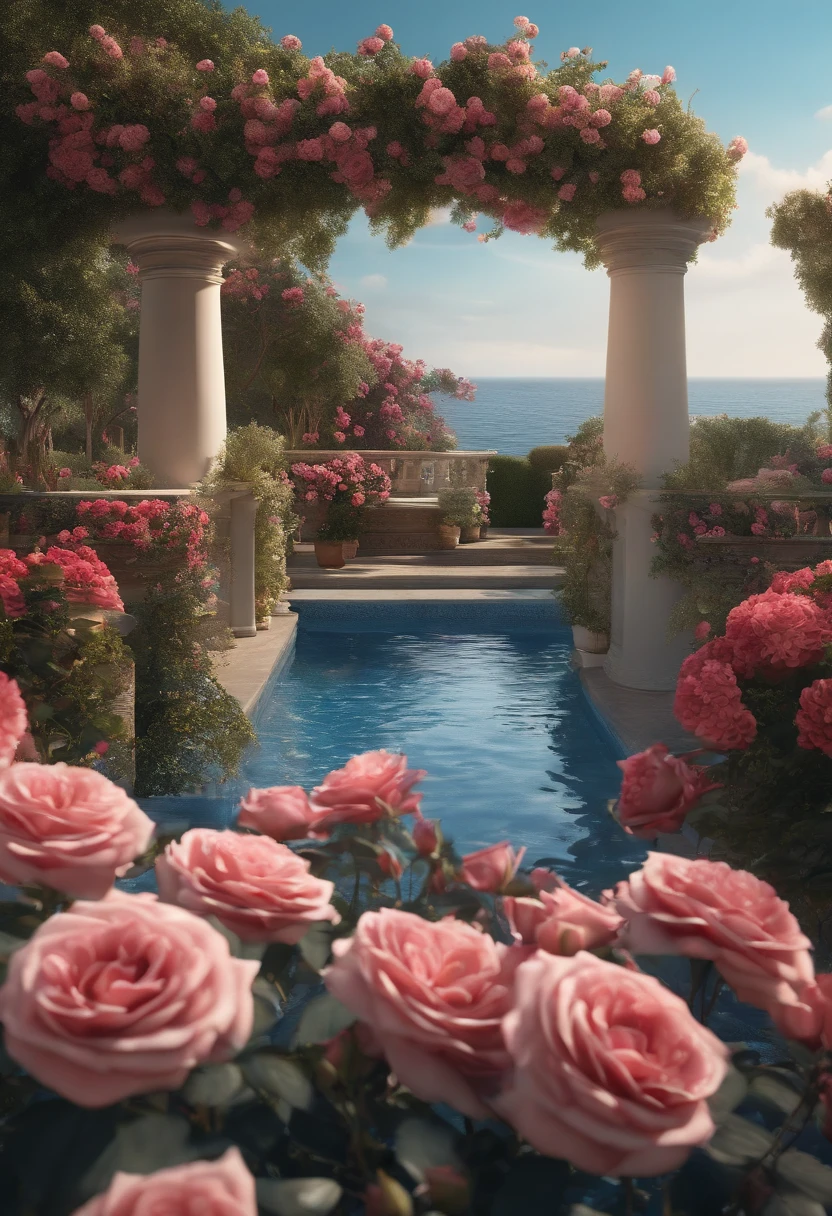 (best quality,8k,highres,masterpiece:1.2),ultra-detailed,realistic,blue ocean with a cluster of rose gardens, strong lines, vivid colors, physically-based rendering, professional,photography