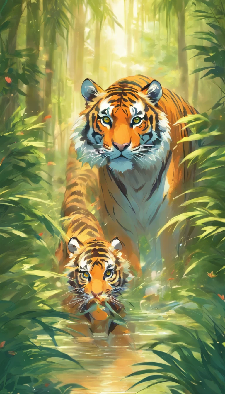 A family of tigers roams freely in a lush jungle, their eyes gleaming with curiosity and strength. The mother tiger displays her beautifully striped fur, while her two playful cubs follow closely behind, their agile movements adding liveliness to the scene. The detailed texture of each tiger's fur is captured with utmost precision, resulting in a high-quality masterpiece. The vibrant colors of the tigers' coats contrast against the lush green foliage, creating a visually captivating image. Natural sunlight filters through the dense foliage, illuminating the tigers' majestic presence. The prompt captures the essence of these powerful creatures in a realistic yet artistic style, blending the magnificence of nature with the grace and beauty of the tiger family.