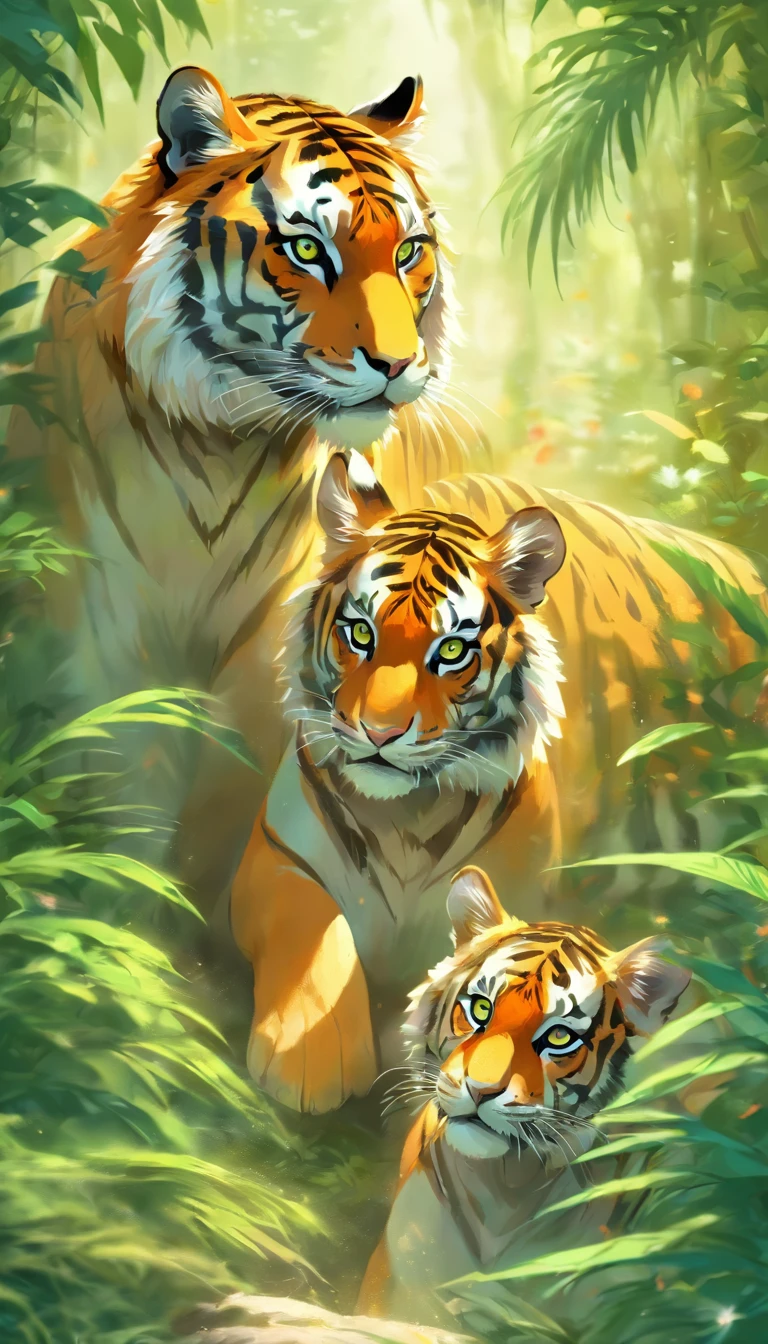 A family of tigers roams freely in a lush jungle, their eyes gleaming with curiosity and strength. The mother tiger displays her beautifully striped fur, while her two playful cubs follow closely behind, their agile movements adding liveliness to the scene. The detailed texture of each tiger's fur is captured with utmost precision, resulting in a high-quality masterpiece. The vibrant colors of the tigers' coats contrast against the lush green foliage, creating a visually captivating image. Natural sunlight filters through the dense foliage, illuminating the tigers' majestic presence. The prompt captures the essence of these powerful creatures in a realistic yet artistic style, blending the magnificence of nature with the grace and beauty of the tiger family.