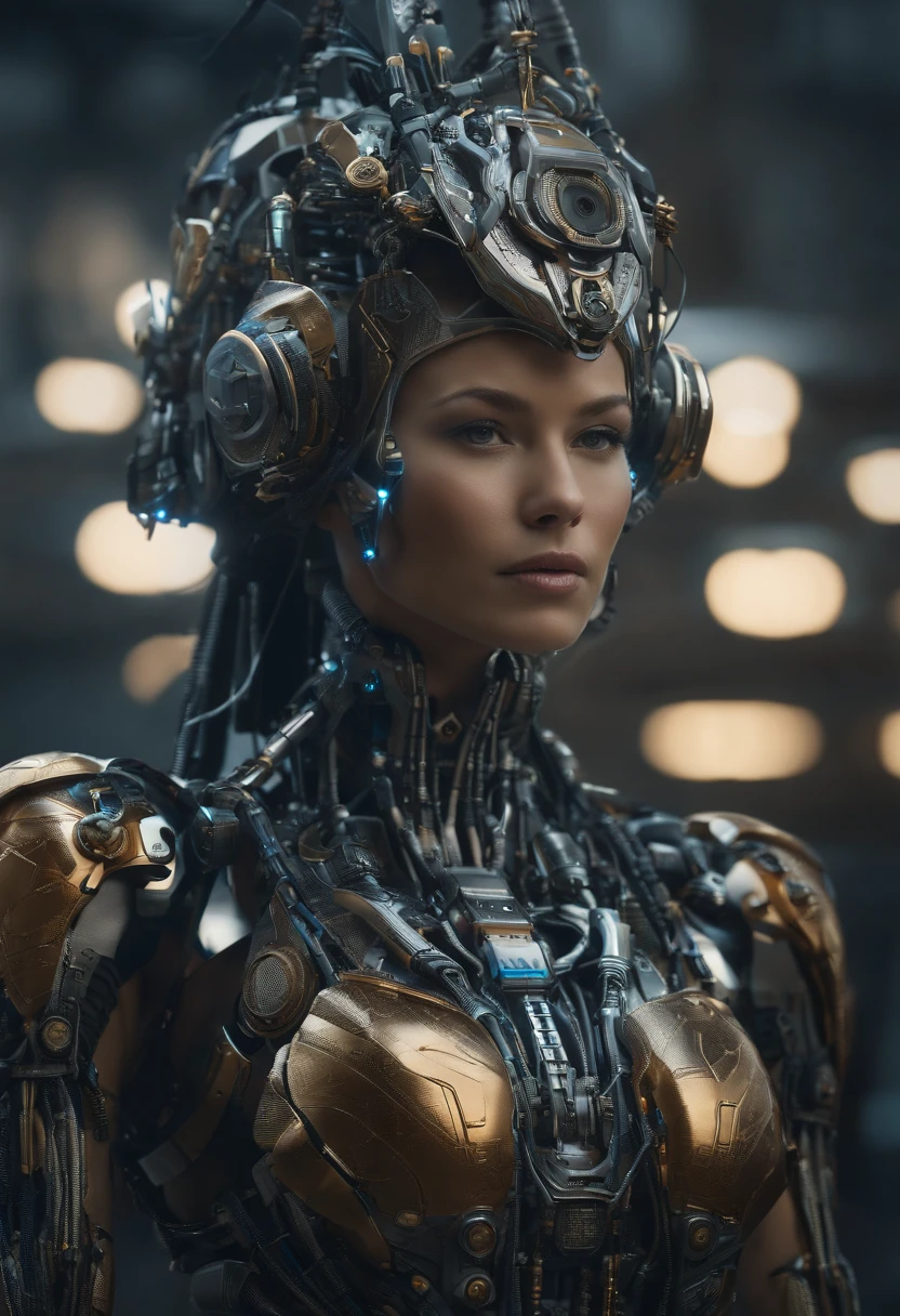there is a woman with a headdress and a lot of wires, highly detailed vfx portrait of, symmetry! futuristic robotic, nekro, nilian animation studio, vadim voitekhovitch, extremely detailed goddess shot, 2015 cinematography, beautiful cyborg girl, jason engle, keyframe, anthropomorphic _ humanoid, futuristic suzuki --ar 16:9