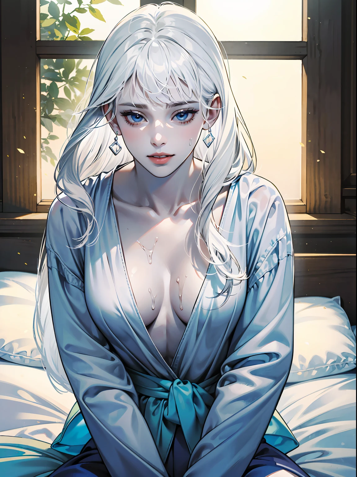 (((masterpiece, best quality, high resolution)))), Extremely detailed 8K, abs, (Ultra HD, Ultra-detailed, Highly detailed, Highly realistic, Ultra-realistic, photograph realistic), (1girl:1.5), (solo:1.1) cute, (white hair:1.5), (pale skin:1.5) long wavy hair, blue eyes, smile, parted lips, lascivious expression, (medium breasts:1.2), curvy, abs, nsfw, sweat, leaning forward, (frome below view) bedroom, upper body,