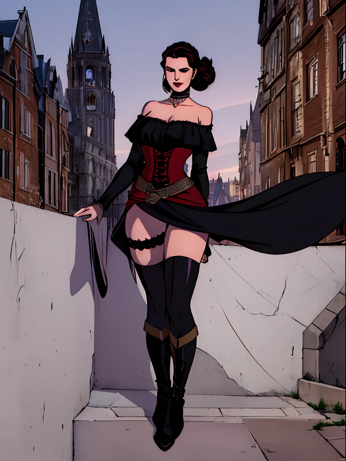 (masterpiece, top quality, best quality, official art, beautiful and aesthetic:1.2), (1girl:1.3), long and curly dark brown hair, ((extravagant updo)), Victorian style, extremely detailed, portrait, looking at viewer, solo, (full body:0.6), detailed background, close up, mischievous eyes, (cold midnight castle theme:1.1), extremely busty vampire, long fangs, blood on chin, huge lips, charlatan, smirk, mysterious, being seductive on a balcony, revealing gothic dress, lace, extremely tight bodice, black attire, red skirts, off shoulder, long sleeves, loose sleeves, black leather, cloak, corset, black dress, fishnets, thigh high black boots, buckles, straps, pouches, glowing blood magic energy, dark red fabric, silver trim, black leather, gigantic breasts, cleavage, skindentation, slim waist, slim hips, long legs, medieval (gothic castle exterior:1.1) background, nighttime, dark mysterious lighting, shadows, magical atmosphere, dutch angle
