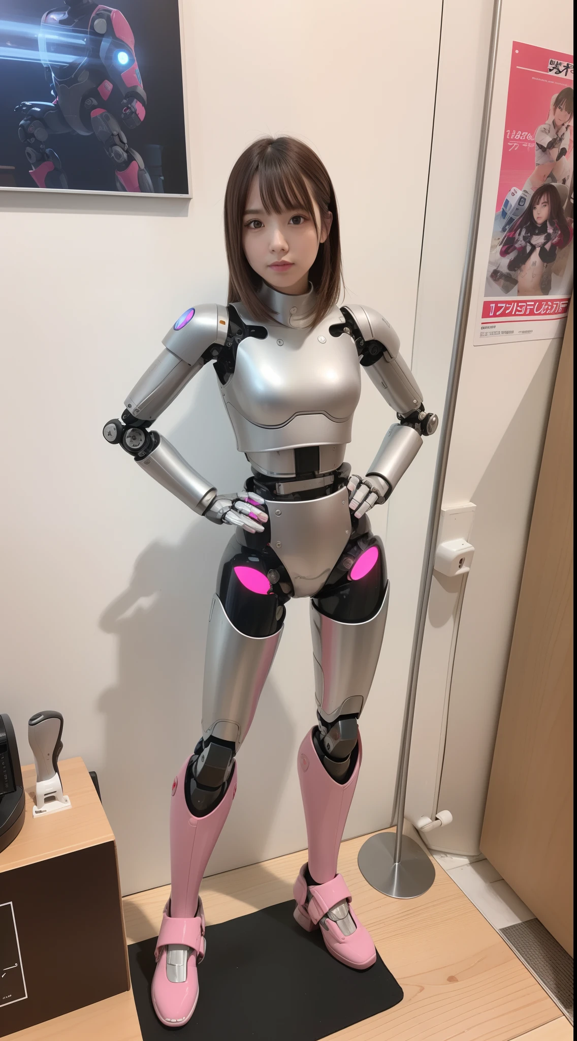 cyborgs, pink there, Silver, Metallic body, Robot Parts, Metal Parts, Super Detailed Face, Super well-formed face, of the highest quality, a small face,, Small head whole body, Brown hair, slender body, Camera gaze, Idol, Well-proportioned body, gravure, Photo session, Akihabara, Moe Pose, Standing with legs open, Hands on hips, Model body type, sad, Embarrassing,(Perfect Robot Girl),(Perfect machine body)