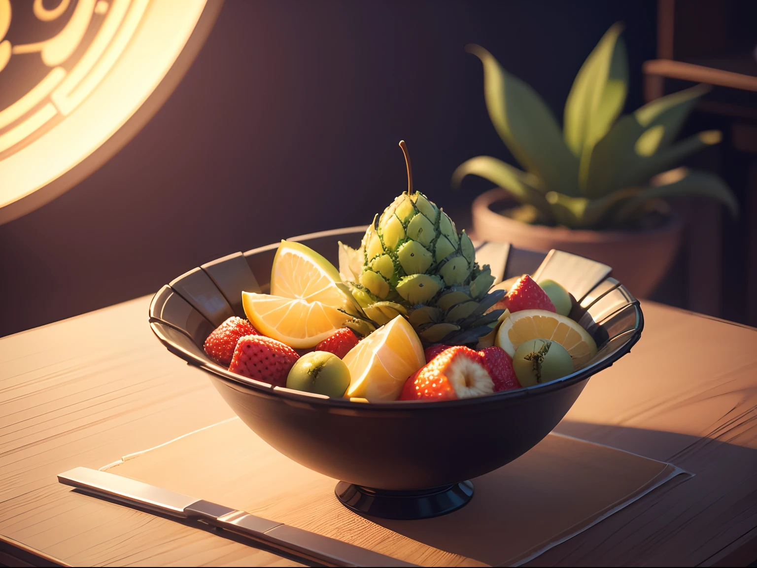 (masterpiece:1.2, best quality:1.2, high quality, highres:1.1), detailed, extremely detailed, 4K, perfect lighting, retrowavetech, virtual, wireframe, scifi,vaporwave, bowl of fresh fruits, look so delicious