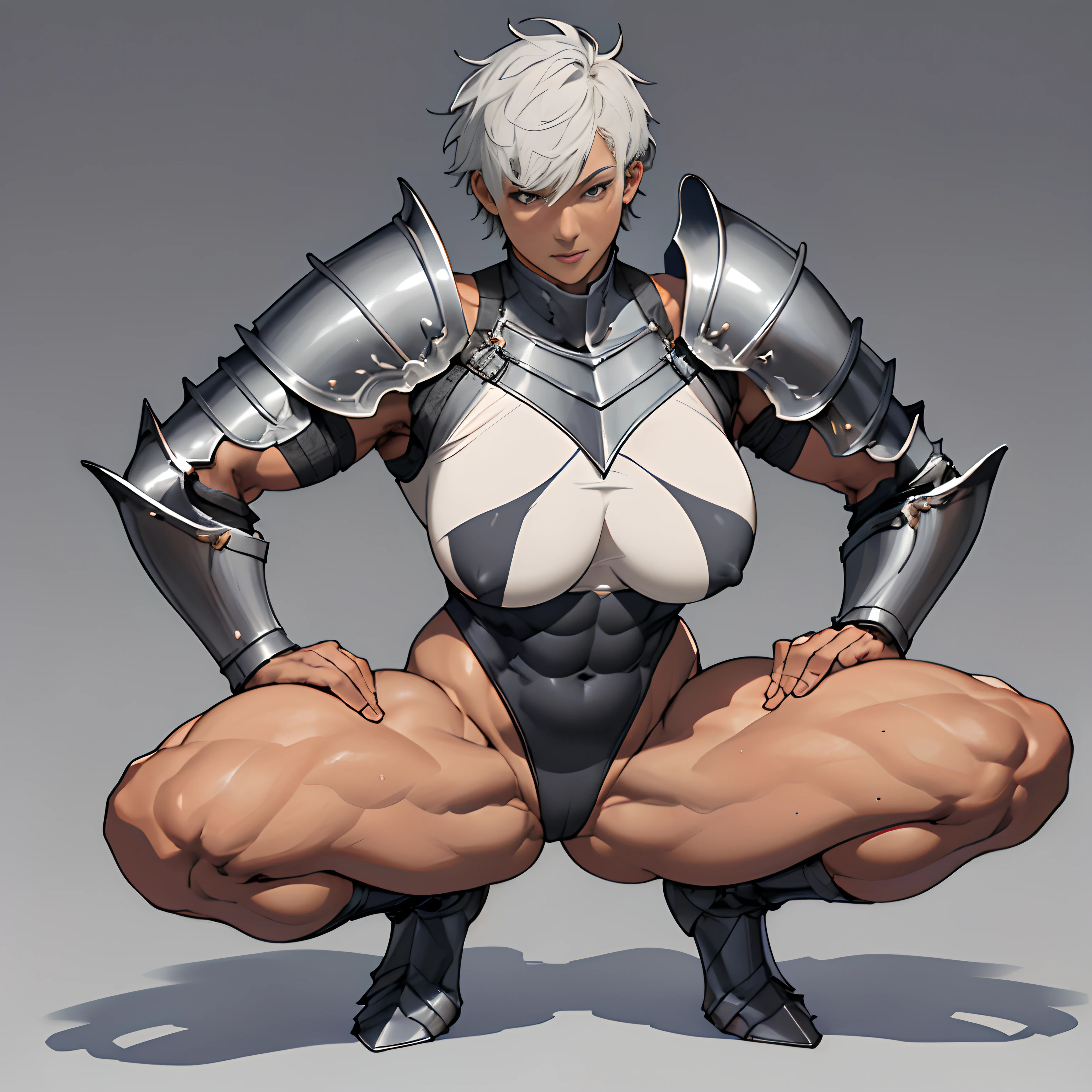 Solo, (Full body), (Focus on Face), (Ass_Pose), Shiny skin, ((((muscular)))), ((Colossal tits)), (Abs), Woman, Very short hair, (Knight in armor), (Leotard), absurderes, Wallpaper 8k CG, Best Quality, ((squatting and spread legs)), ((greybackground)),