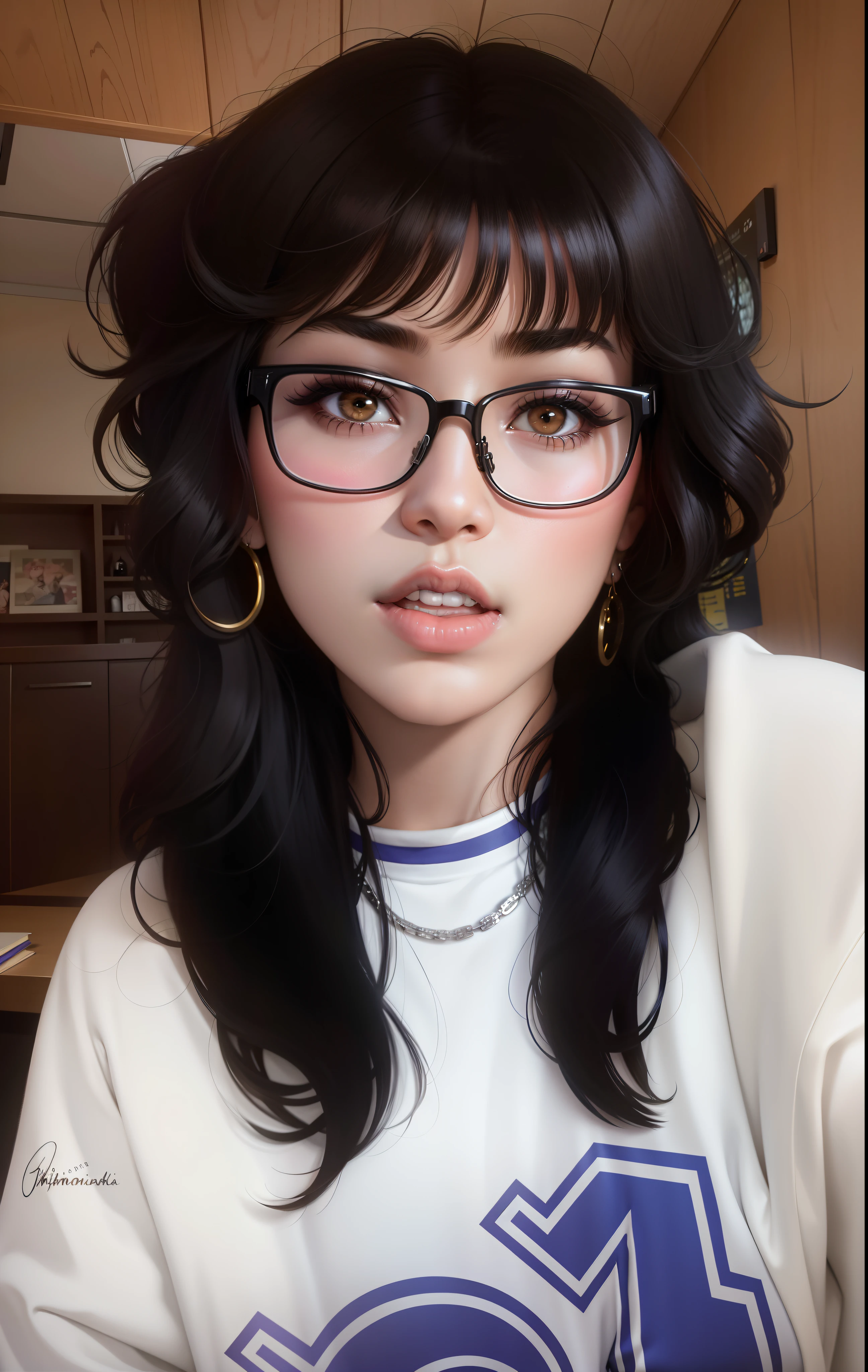 there is a woman with glasses and a white shirt posing for a picture, 8 0 s anime vibe, she has black hair with bangs, cynthwave, selena quintanilla perez, cruel goth girl, thick glasses, with bangs, inspired by Kusumi Morikage, 8 0 s anime style, inspired by Ion Andreescu, msxotto