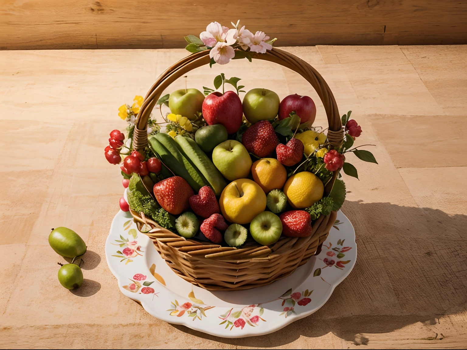Detailed illustration of healthy fresh fruits and vegetables in a basket, with floral and fruit illustrations, frutas,, detalhes excepcionalmente altos, aerial view from above, centrada, sem pessoas, Nobodies. frutas vermelhas, cerejas, frutas saindo do cestos, vidros com frutas dentro